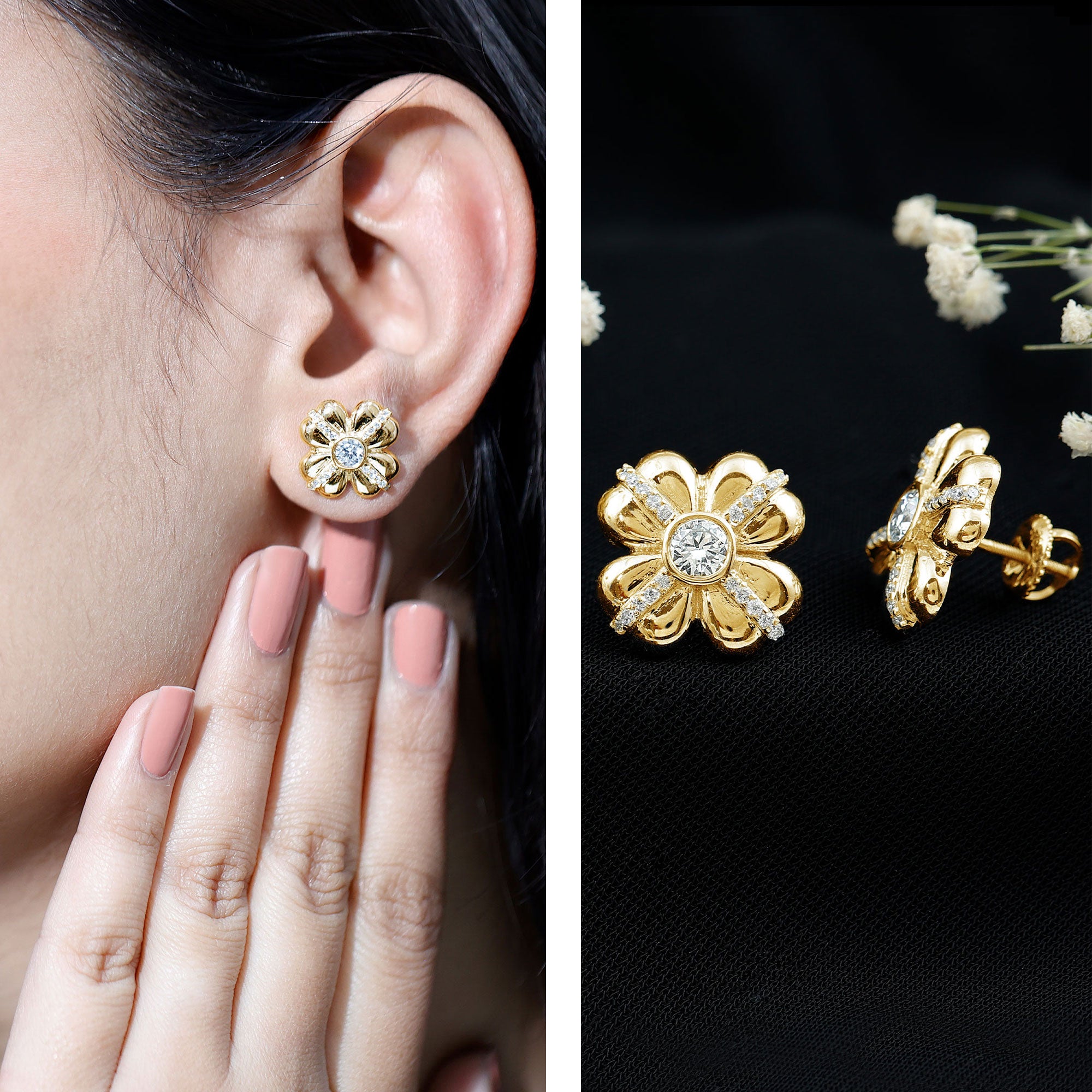 Lab Grown Diamond Flower Stud Earrings With Screw Back Lab - ( EF-VS ) - Rosec Jewels