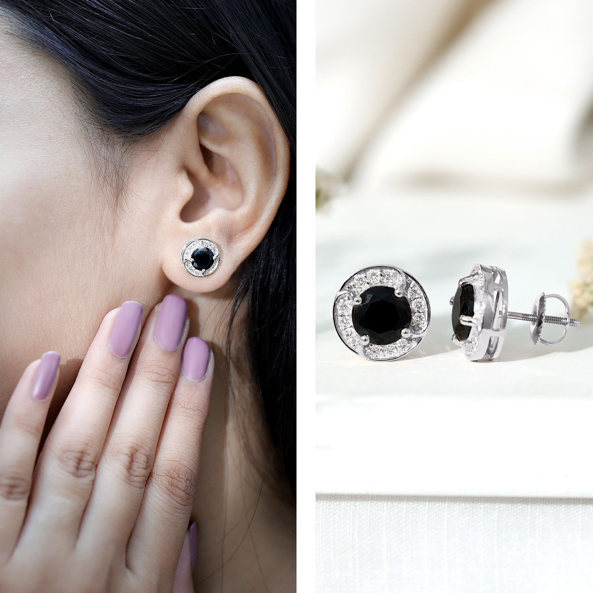 Lab Grown Black Diamond Halo Stud Earrings With Screw Back AAAA ( Synthetic ) - Rosec Jewels