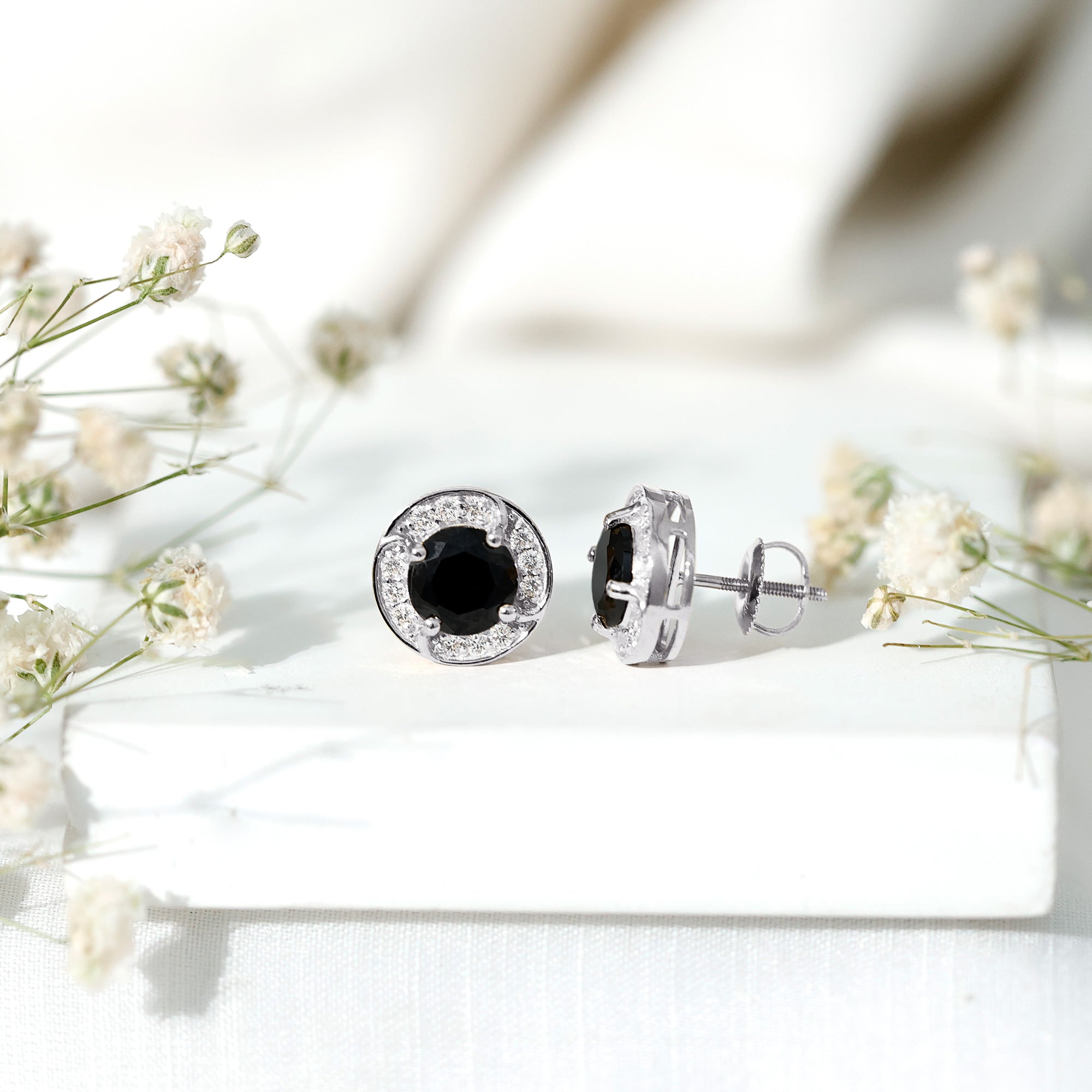 Lab Grown Black Diamond Halo Stud Earrings With Screw Back AAAA ( Synthetic ) - Rosec Jewels