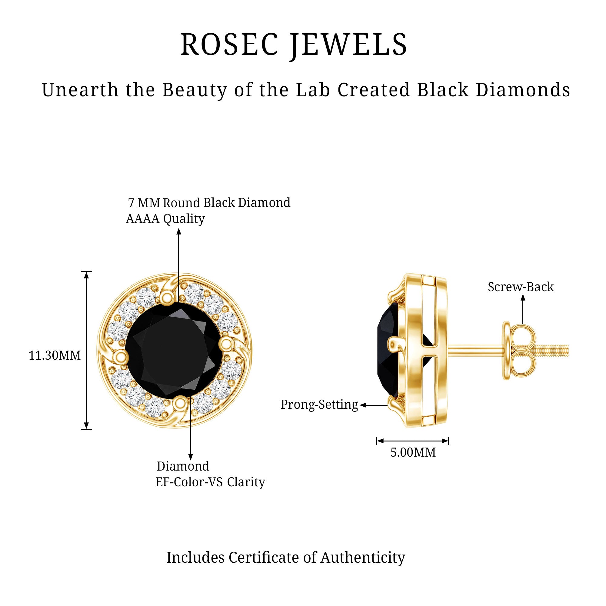 Lab Grown Black Diamond Halo Stud Earrings With Screw Back AAAA ( Synthetic ) - Rosec Jewels
