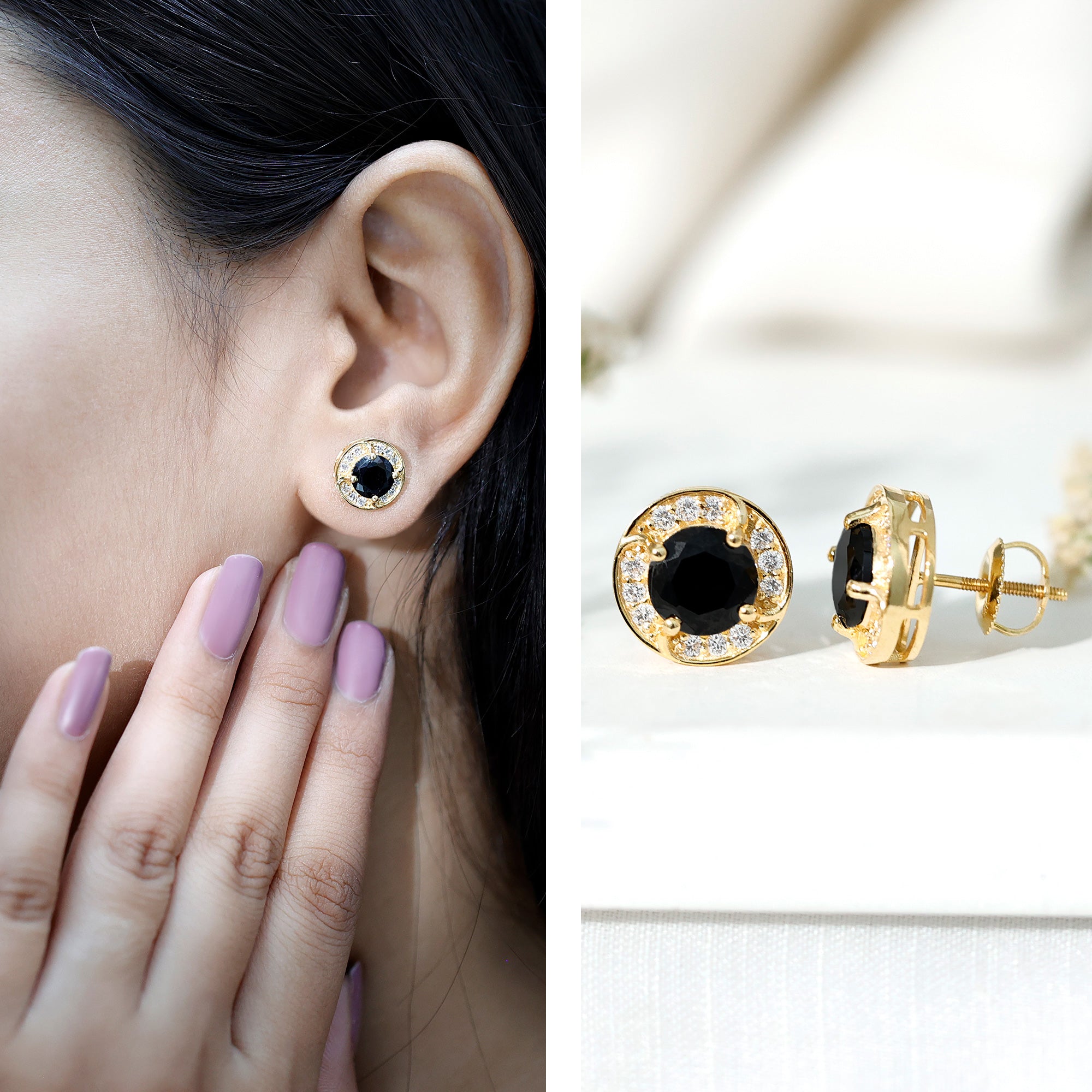 Lab Grown Black Diamond Halo Stud Earrings With Screw Back AAAA ( Synthetic ) - Rosec Jewels
