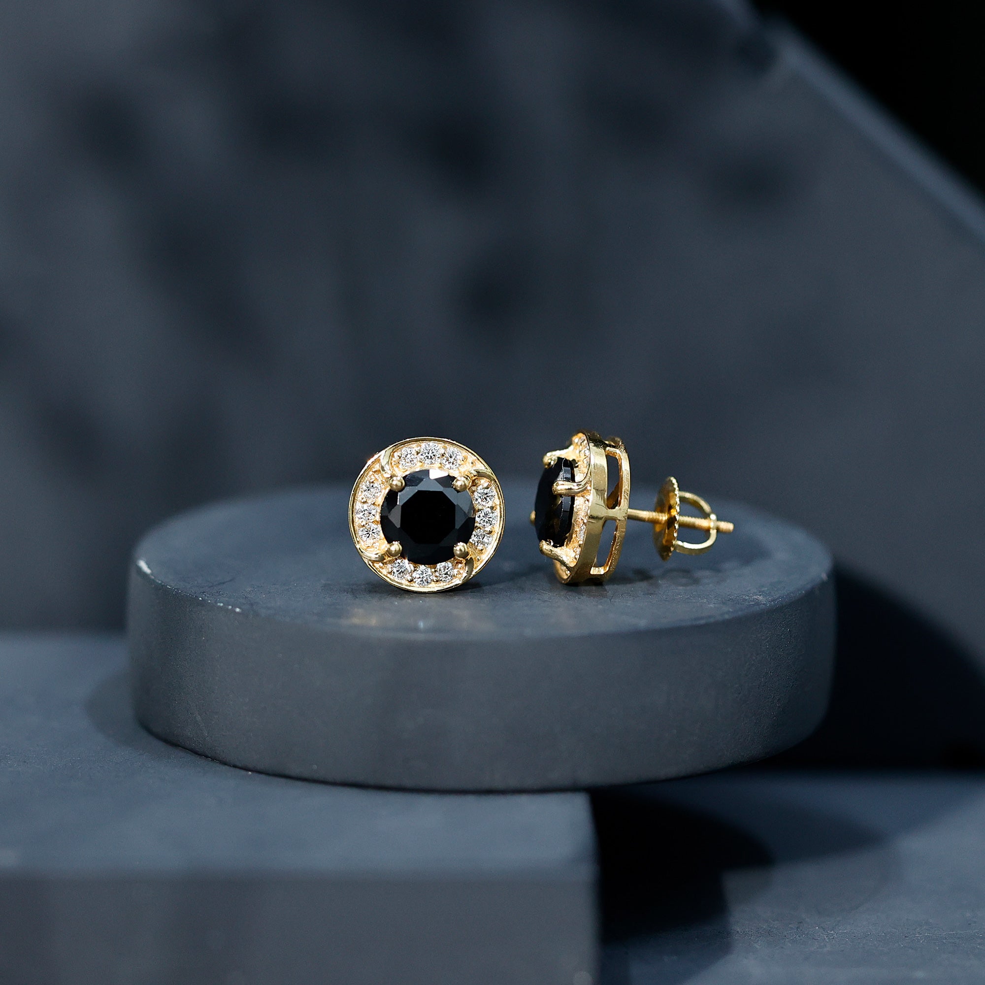 Lab Grown Black Diamond Halo Stud Earrings With Screw Back AAAA ( Synthetic ) - Rosec Jewels