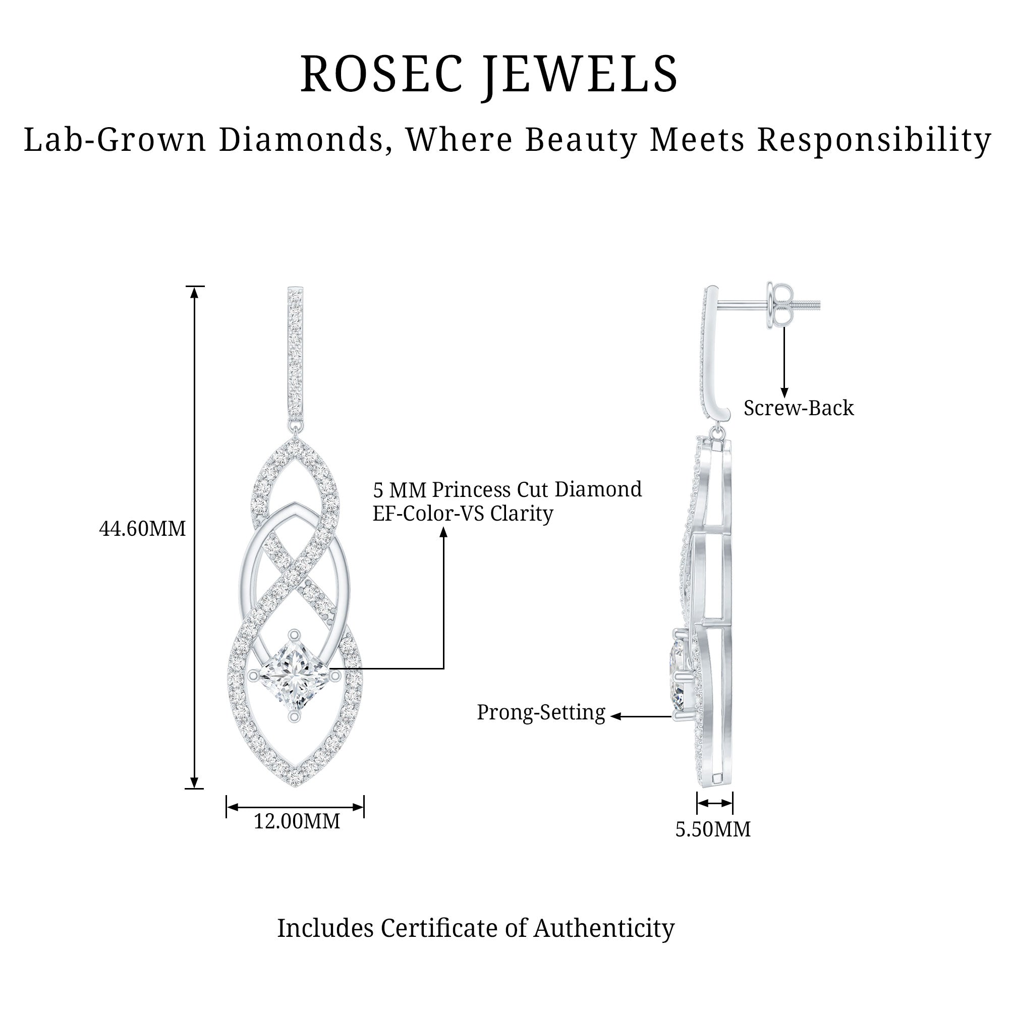 Certified Lab Grown Bridal Dangle Earrings Lab - ( EF-VS ) - Rosec Jewels