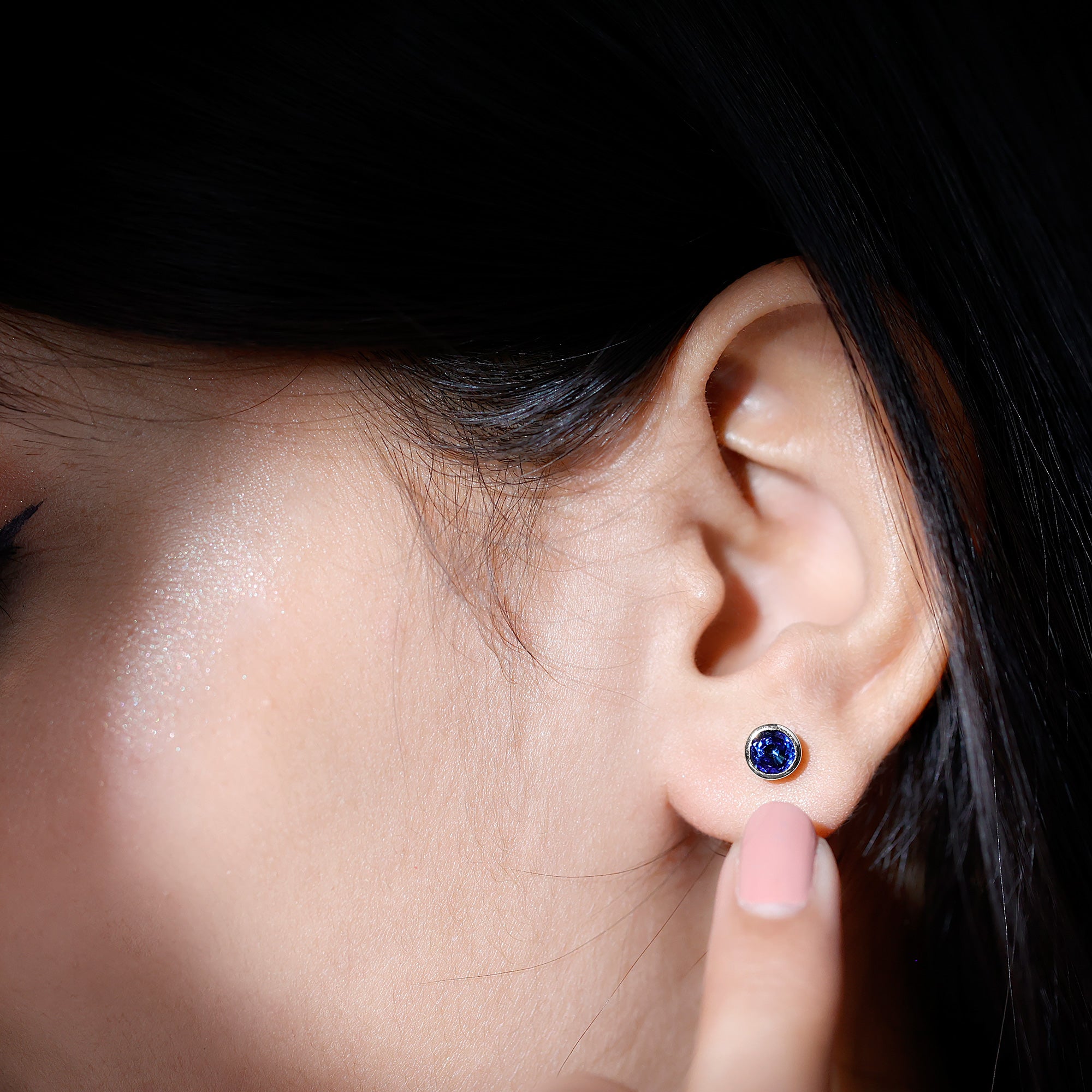 Solitaire 5MM Lab Created Blue Sapphire Stud Earrings in Bezel Setting AAAA - Rosec Jewels