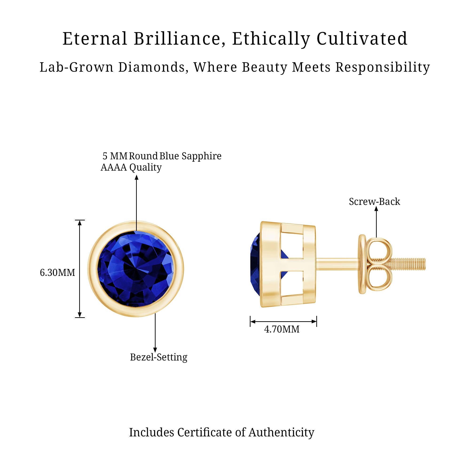 Solitaire 5MM Lab Created Blue Sapphire Stud Earrings in Bezel Setting AAAA - Rosec Jewels
