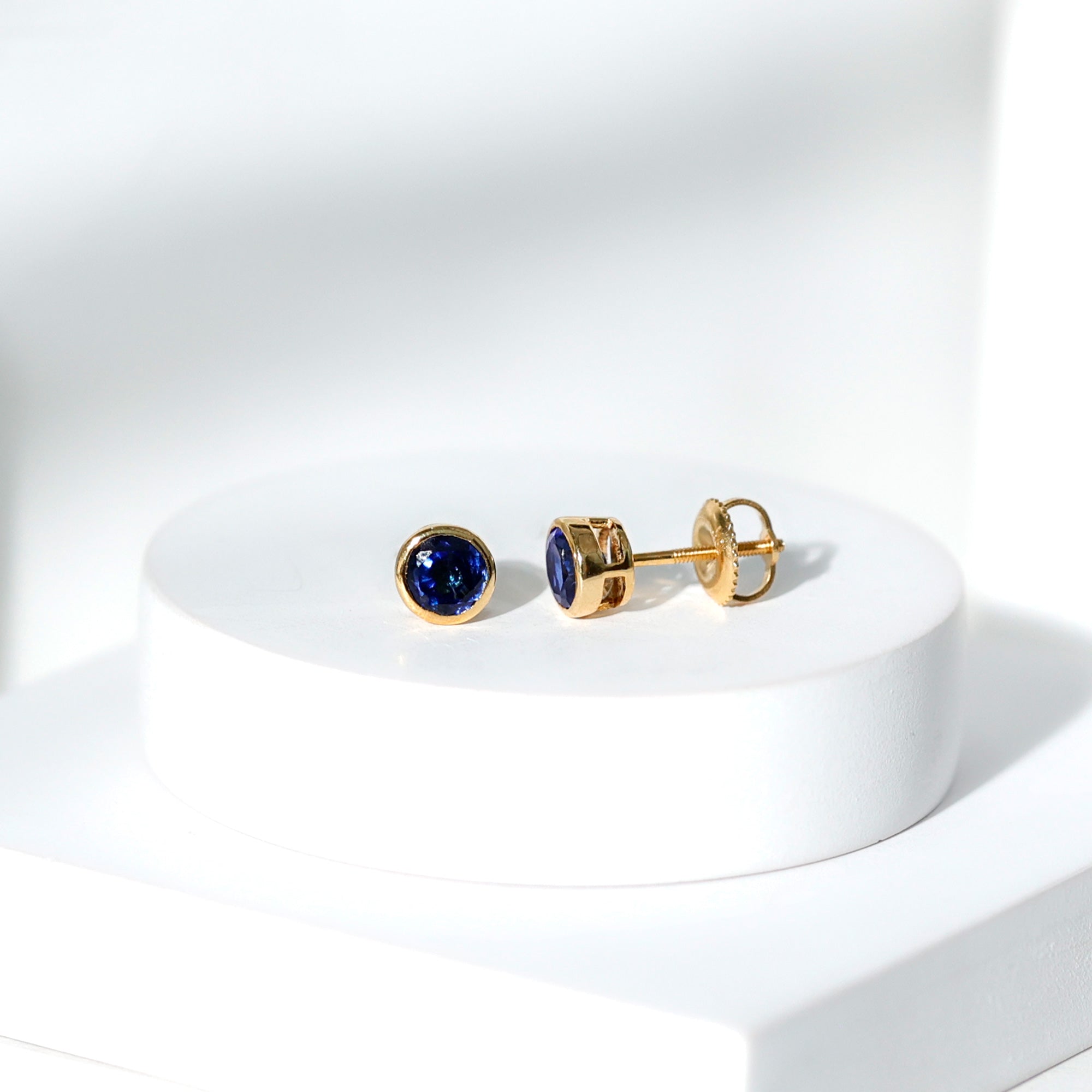Solitaire 5MM Lab Created Blue Sapphire Stud Earrings in Bezel Setting AAAA - Rosec Jewels