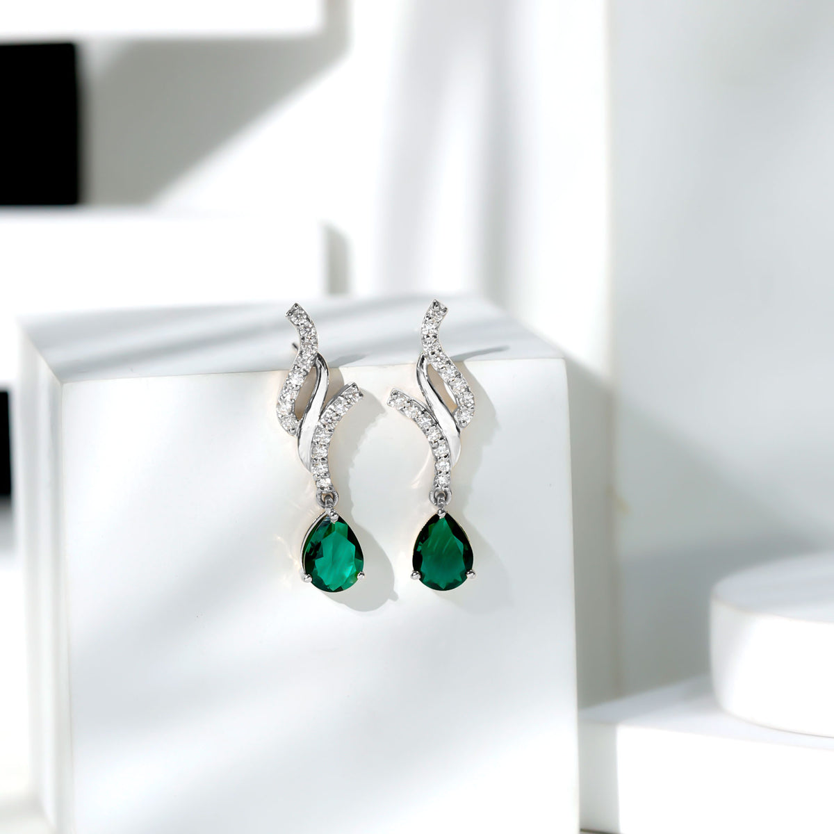 Vintage Lab Grown Emerald Teardrop Earrings with Diamond Accent AAAA - Rosec Jewels