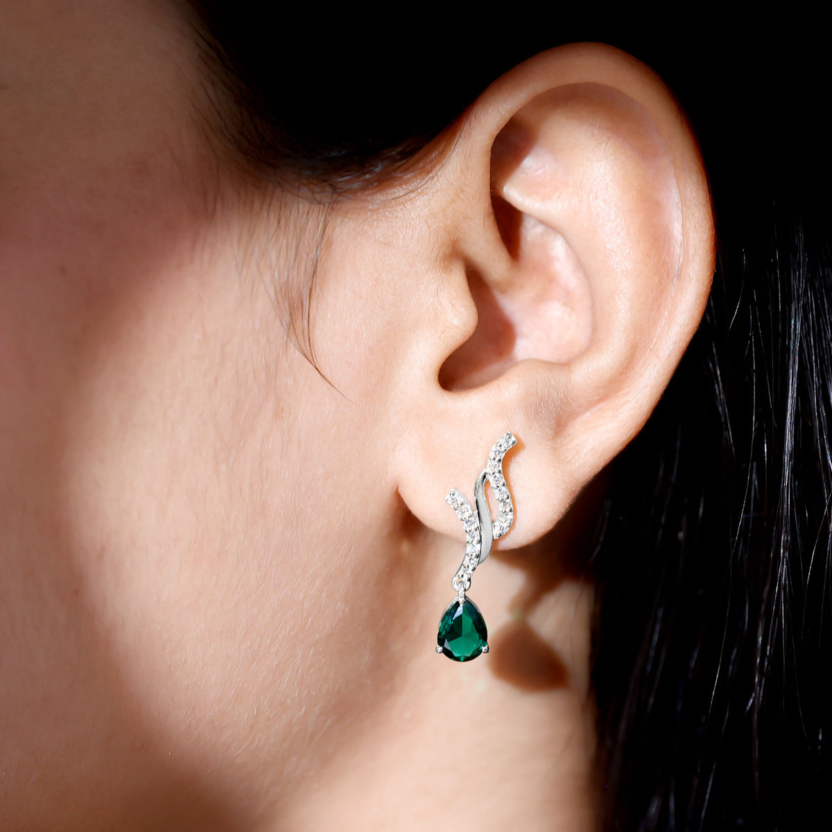 Vintage Lab Grown Emerald Teardrop Earrings with Diamond Accent AAAA - Rosec Jewels