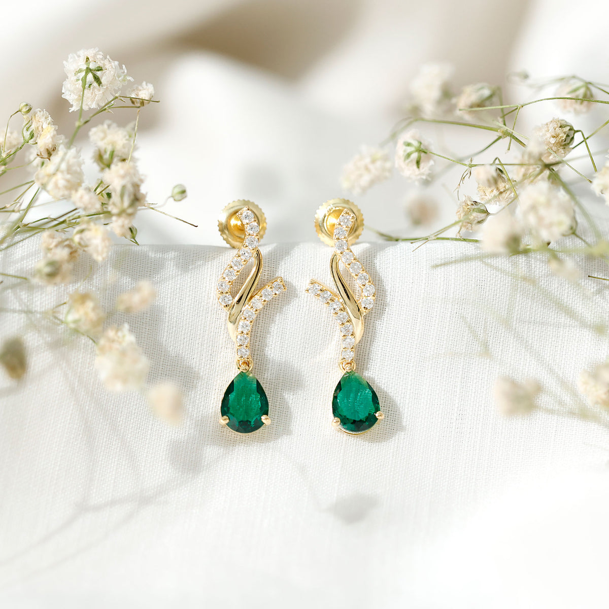 Vintage Lab Grown Emerald Teardrop Earrings with Diamond Accent AAAA - Rosec Jewels