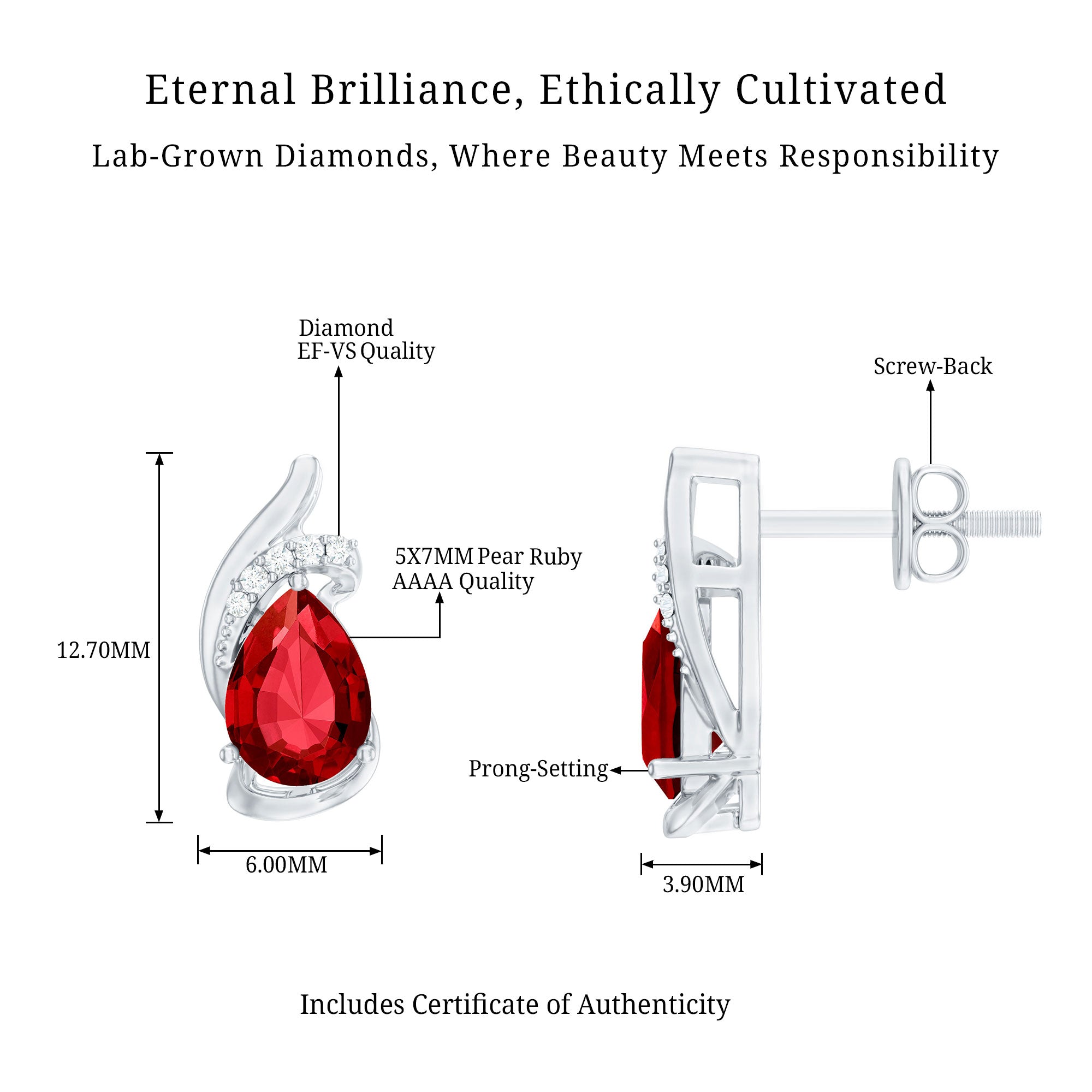 Lab Created Ruby Teardrop Stud Earrings with Diamond Accent AAAA - Rosec Jewels