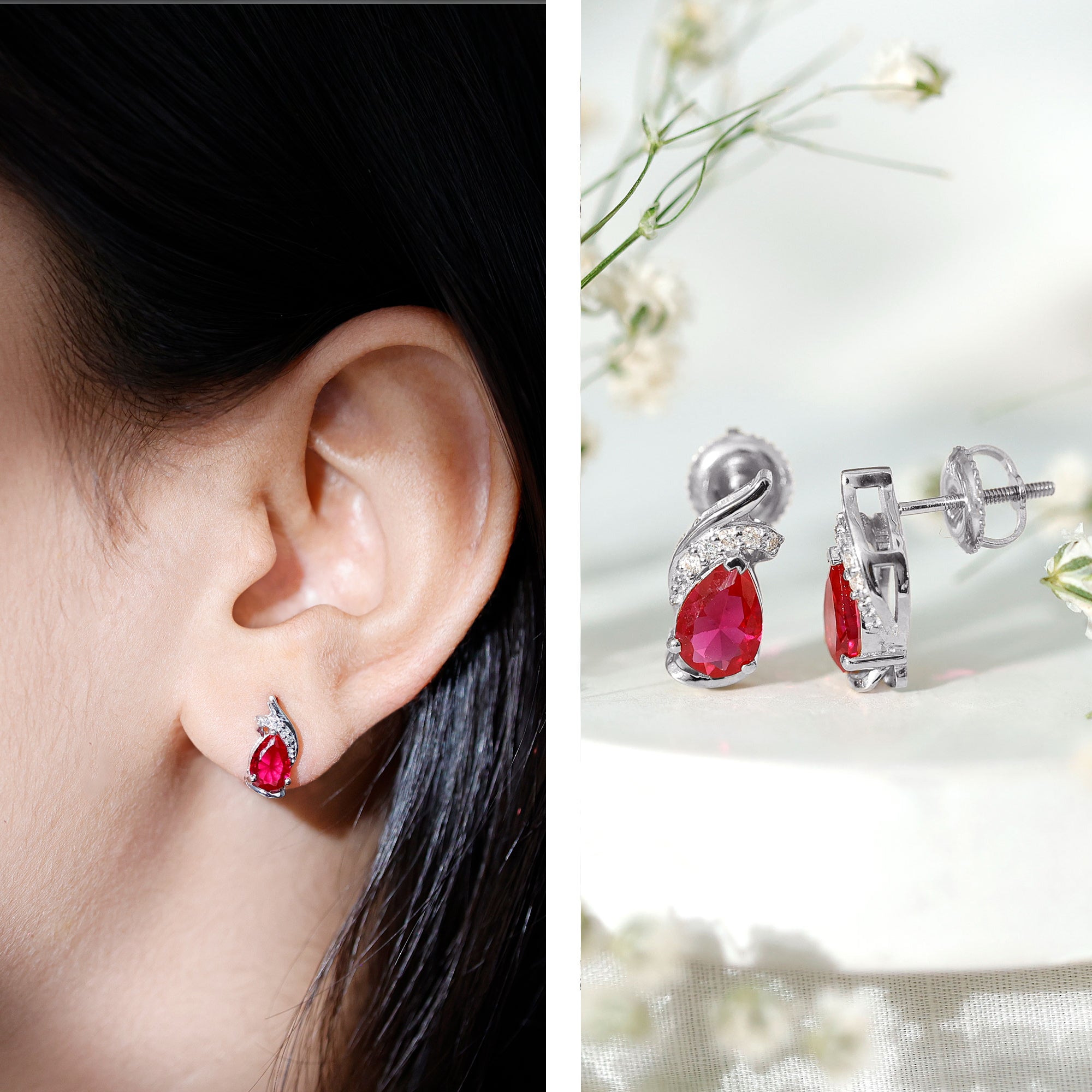 Lab Created Ruby Teardrop Stud Earrings with Diamond Accent AAAA - Rosec Jewels