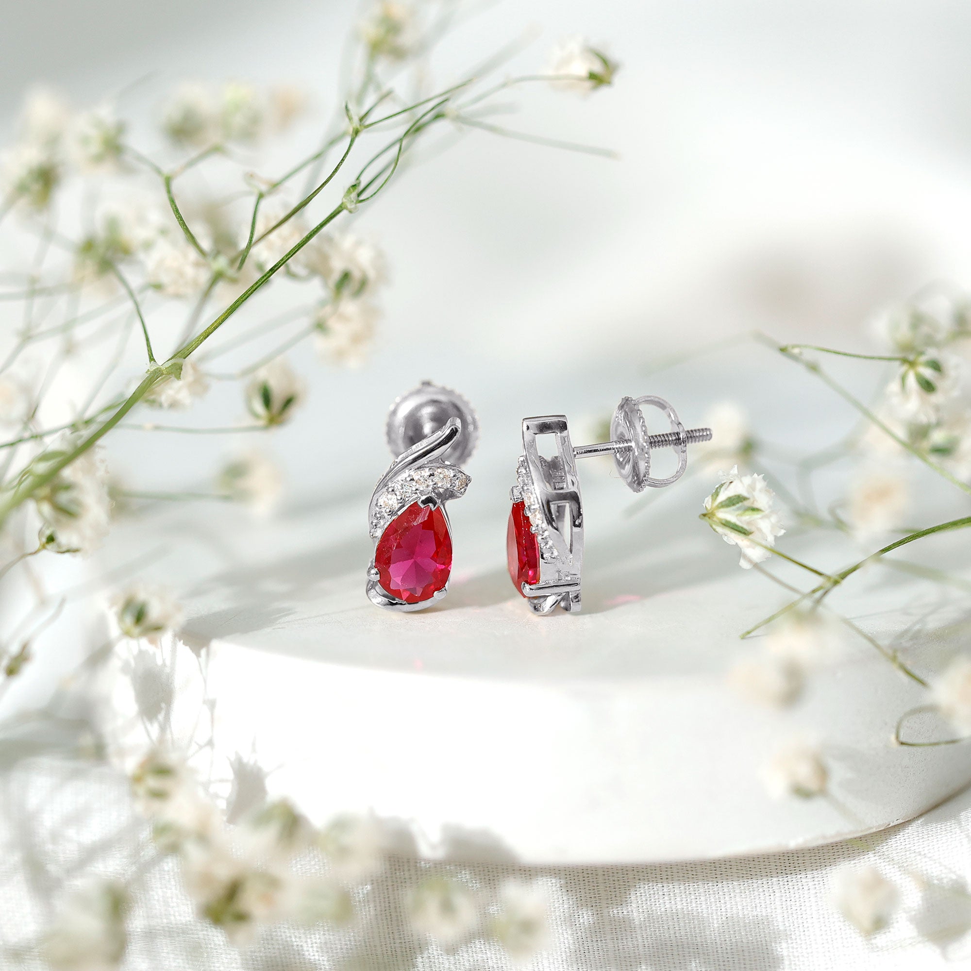 Lab Created Ruby Teardrop Stud Earrings with Diamond Accent AAAA - Rosec Jewels