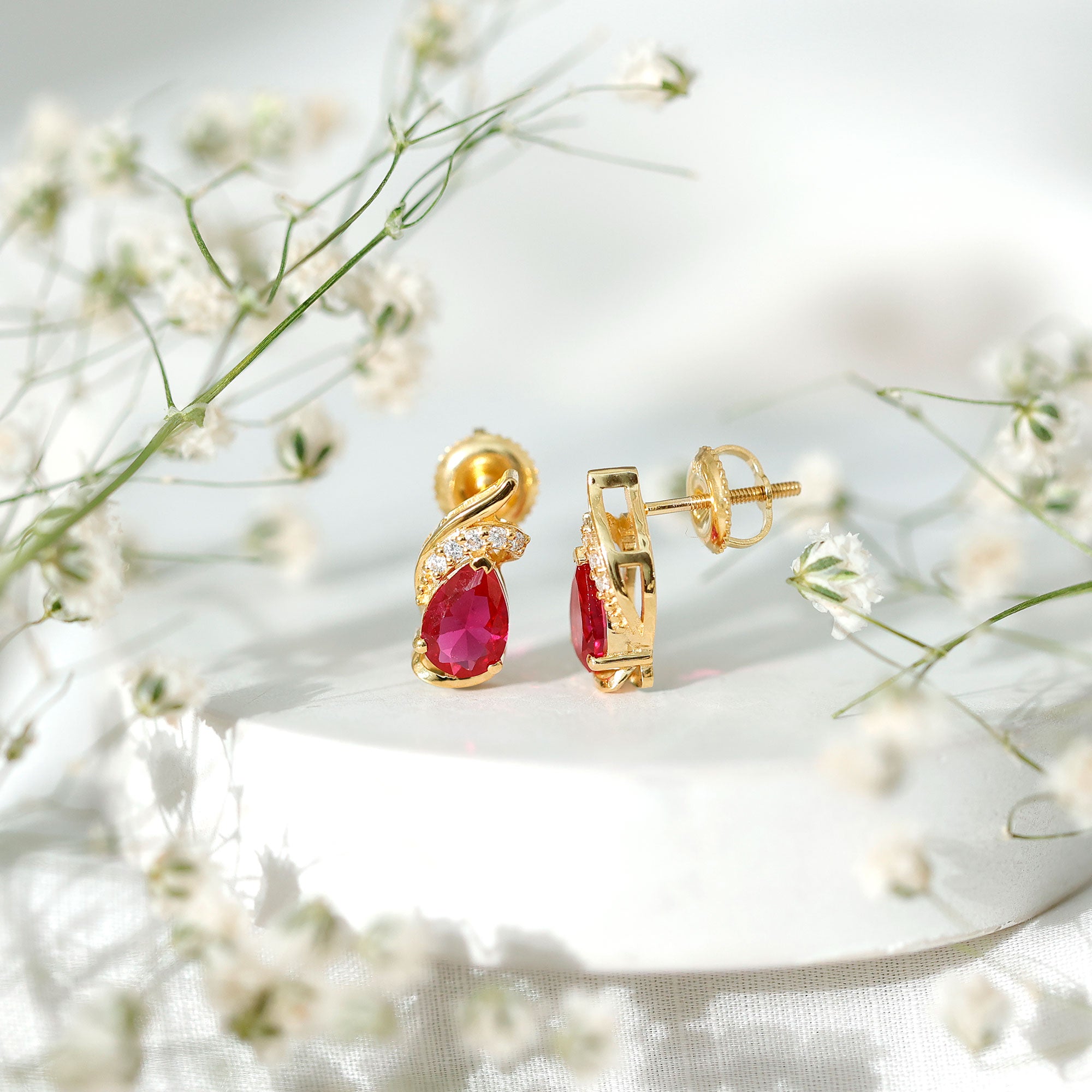 Lab Created Ruby Teardrop Stud Earrings with Diamond Accent AAAA - Rosec Jewels