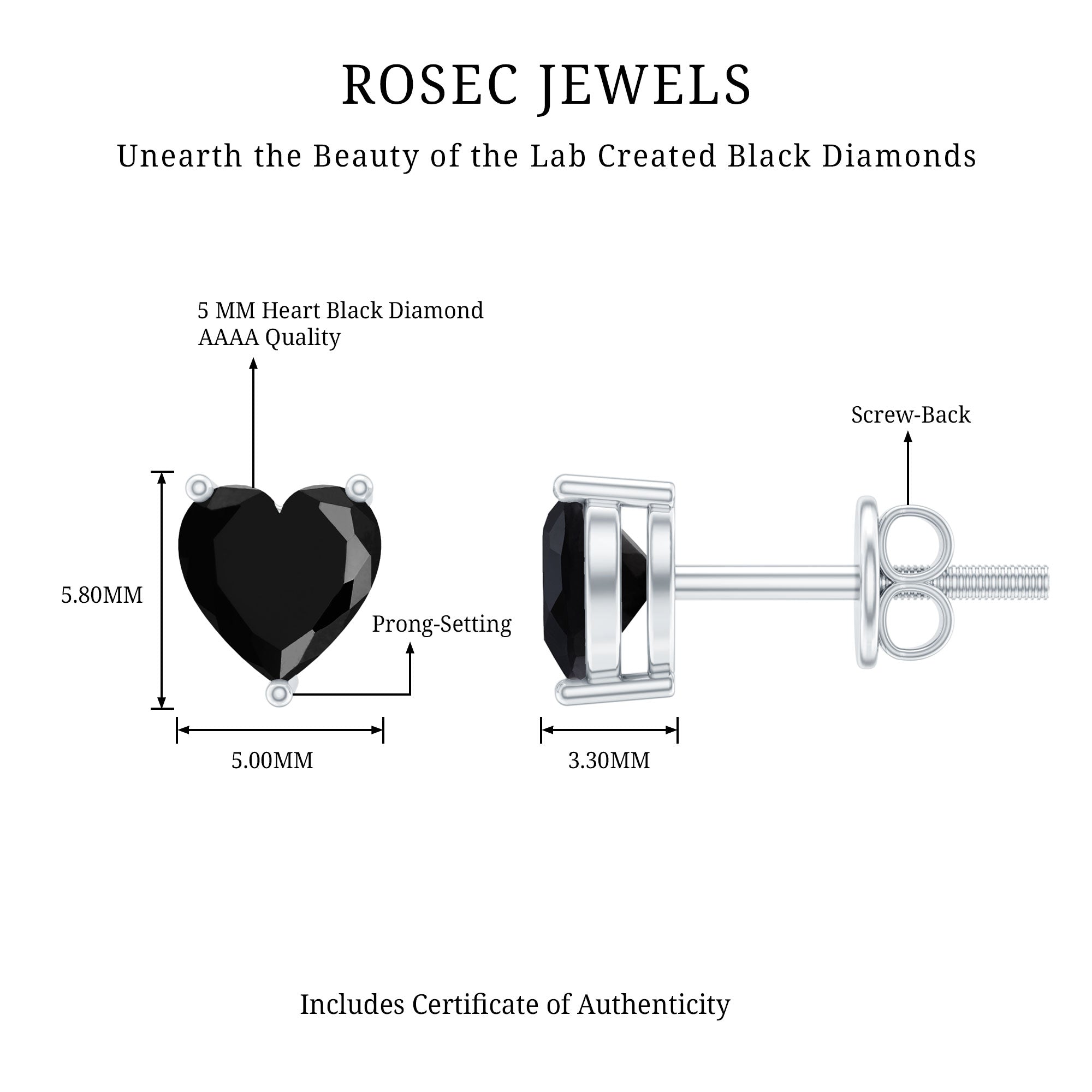 Lab Grown Black Diamond Heart Stud Earrings With Screw Back AAAA ( Synthetic ) - Rosec Jewels