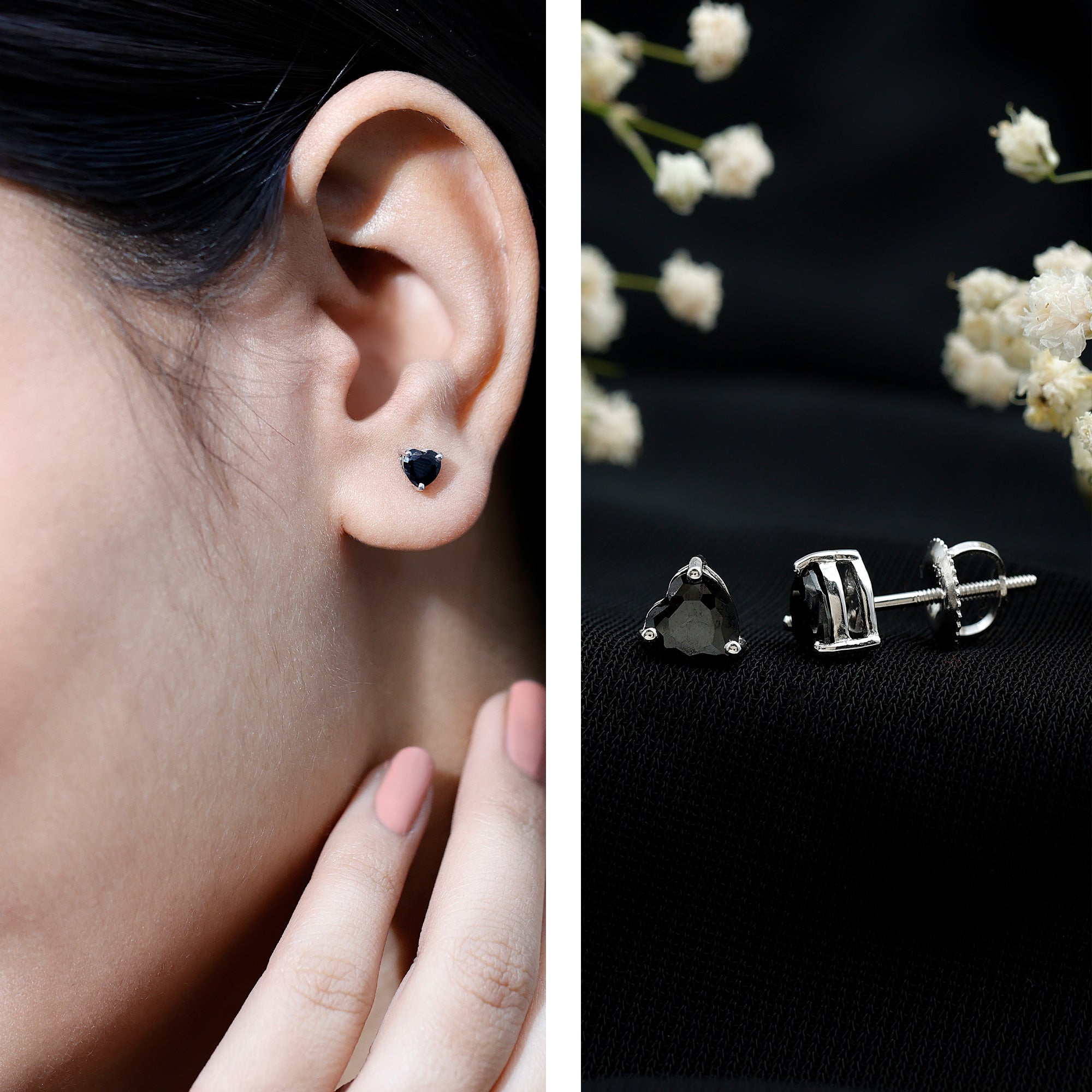 Lab Grown Black Diamond Heart Stud Earrings With Screw Back AAAA ( Synthetic ) - Rosec Jewels