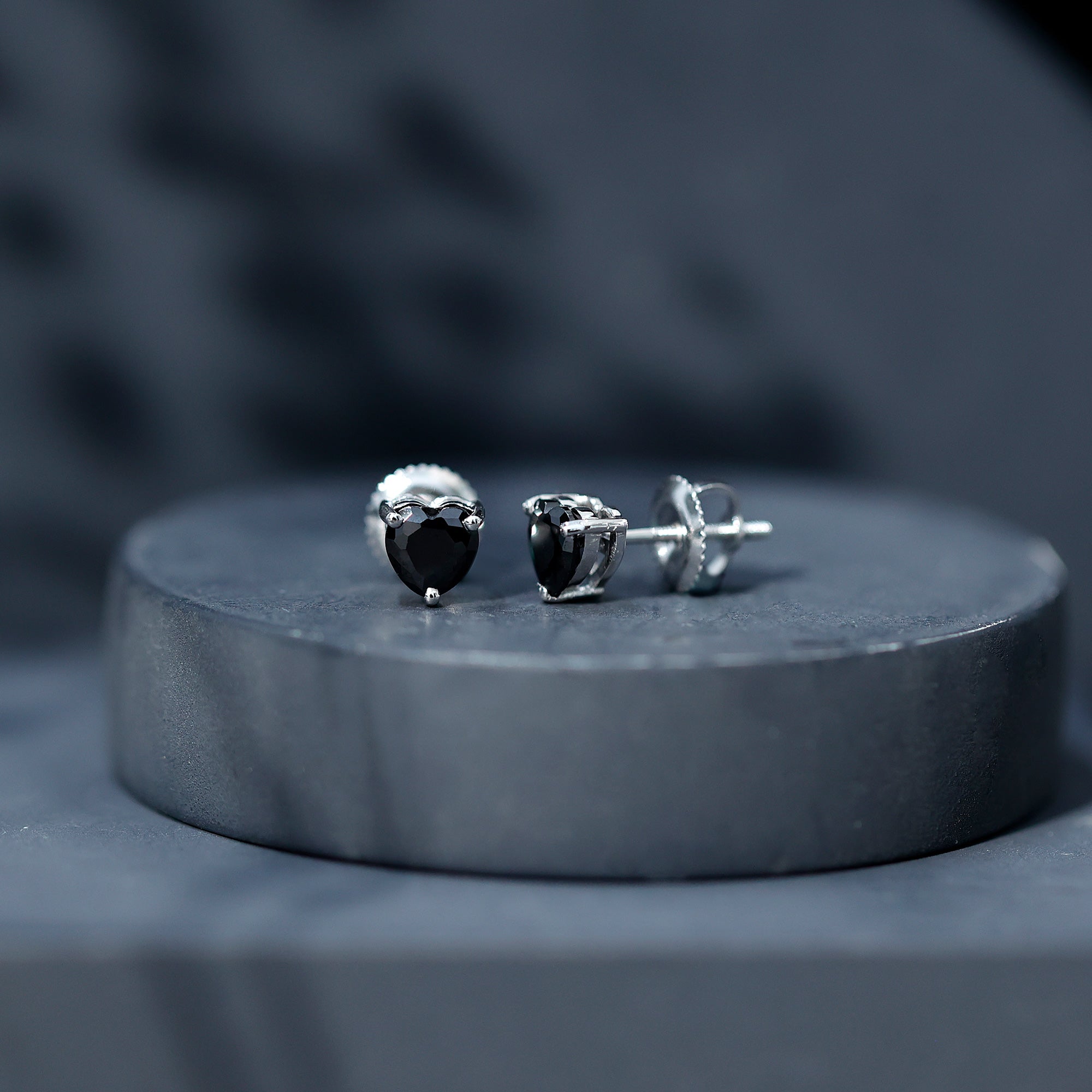 Lab Grown Black Diamond Heart Stud Earrings With Screw Back AAAA ( Synthetic ) - Rosec Jewels