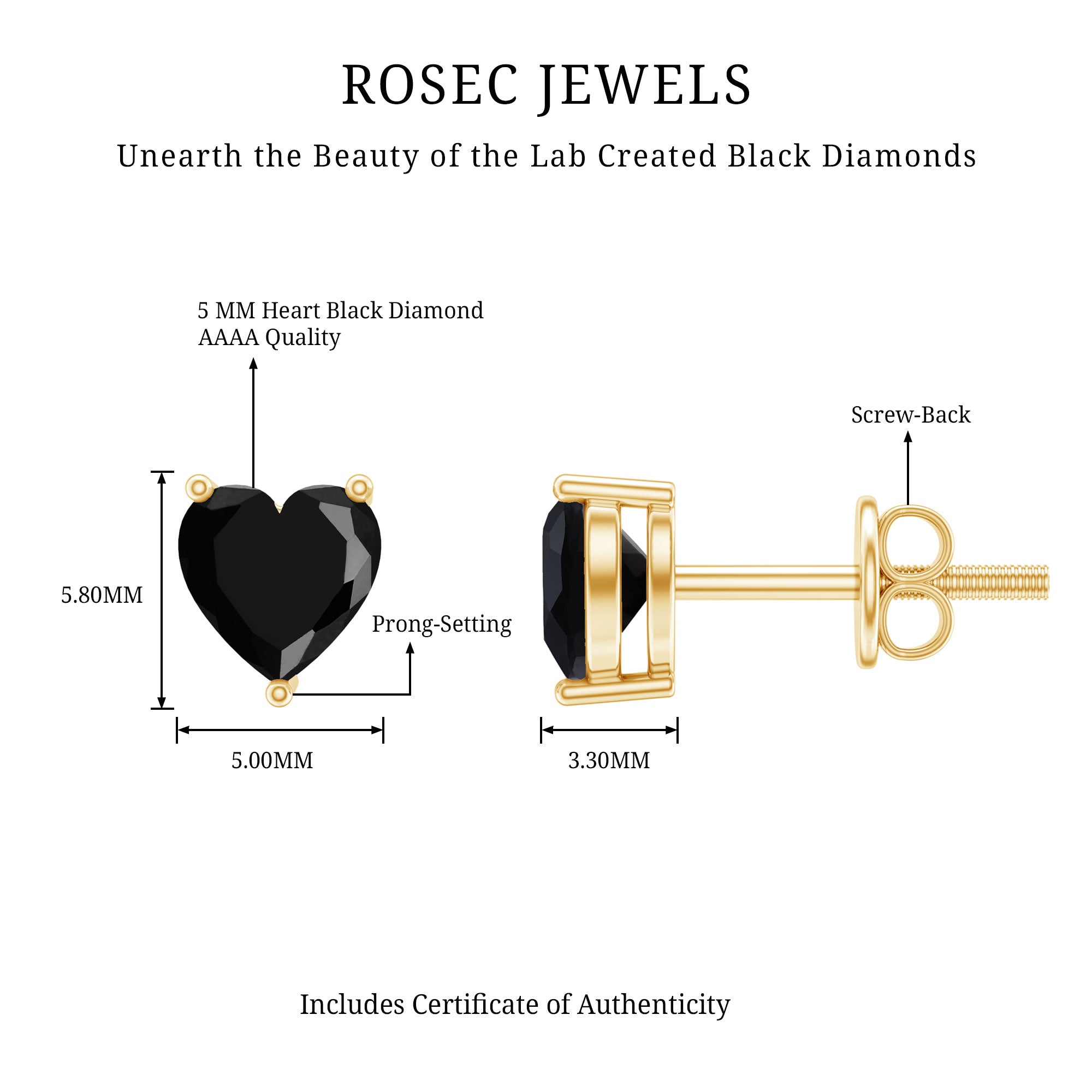 Lab Grown Black Diamond Heart Stud Earrings With Screw Back AAAA ( Synthetic ) - Rosec Jewels