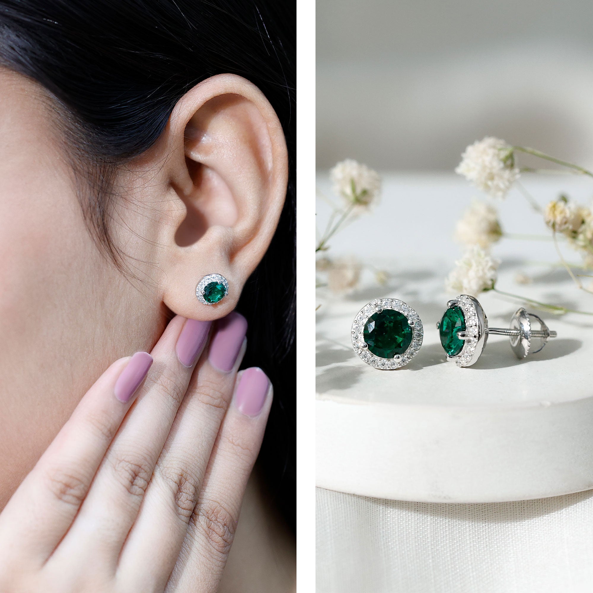 Certified 1.6 Carat Lab Created Emerald and Moissanite Halo Stud Earrings AAAA 92.5 Sterling Silver - Rosec Jewels