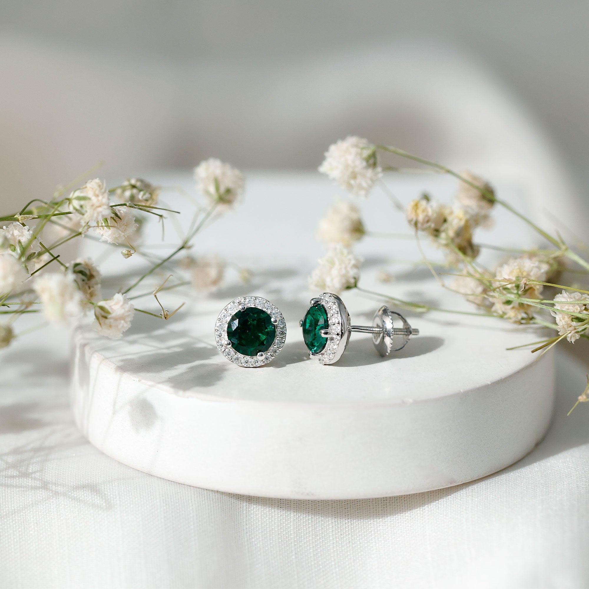 Certified 1.6 Carat Lab Created Emerald and Moissanite Halo Stud Earrings AAAA 92.5 Sterling Silver - Rosec Jewels