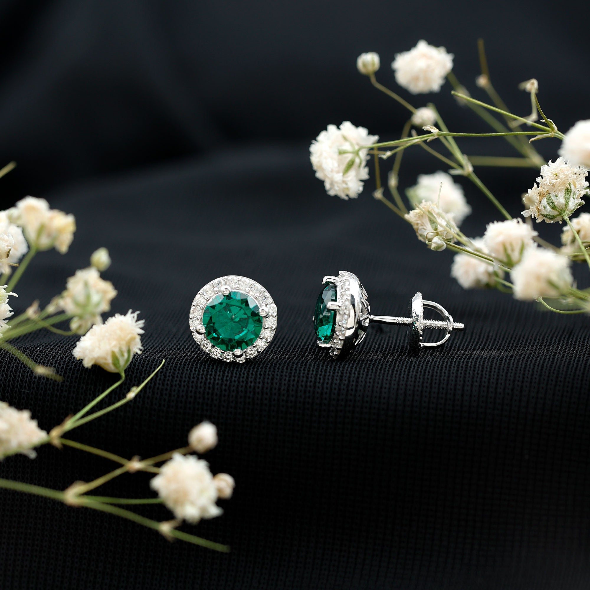 Certified 1.6 Carat Lab Created Emerald and Moissanite Halo Stud Earrings AAAA 92.5 Sterling Silver - Rosec Jewels
