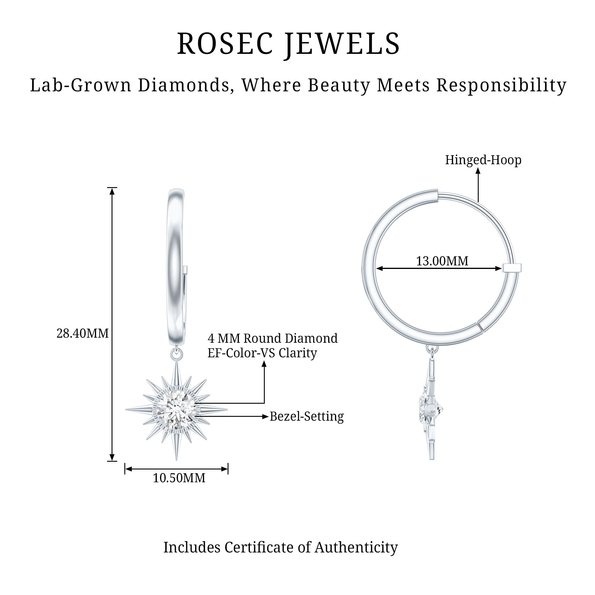 Certified Lab Grown Diamond Sunburst Hoop Earrings Lab - ( EF-VS ) - Rosec Jewels
