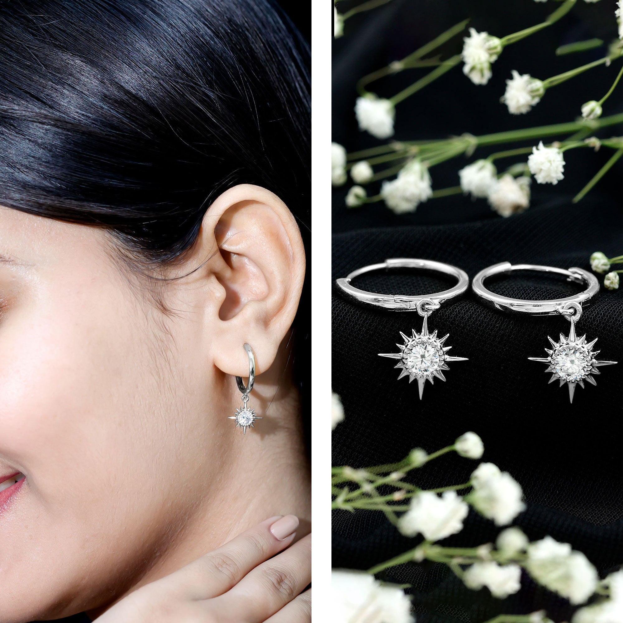 Certified Lab Grown Diamond Sunburst Hoop Earrings Lab - ( EF-VS ) - Rosec Jewels