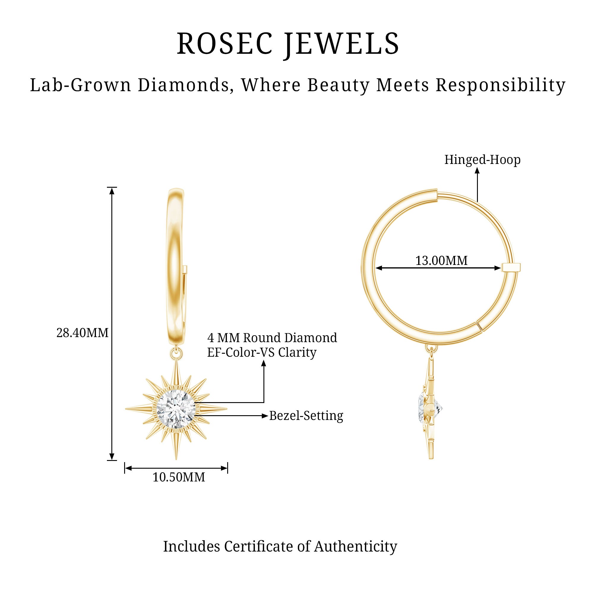 Certified Lab Grown Diamond Sunburst Hoop Earrings Lab - ( EF-VS ) - Rosec Jewels