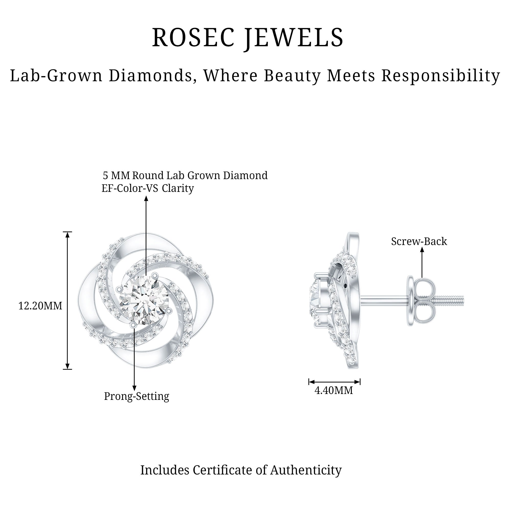 Certified Lab 5 MM Round Diamond Swirl Stud Earrings Lab - ( EF-VS ) - Rosec Jewels