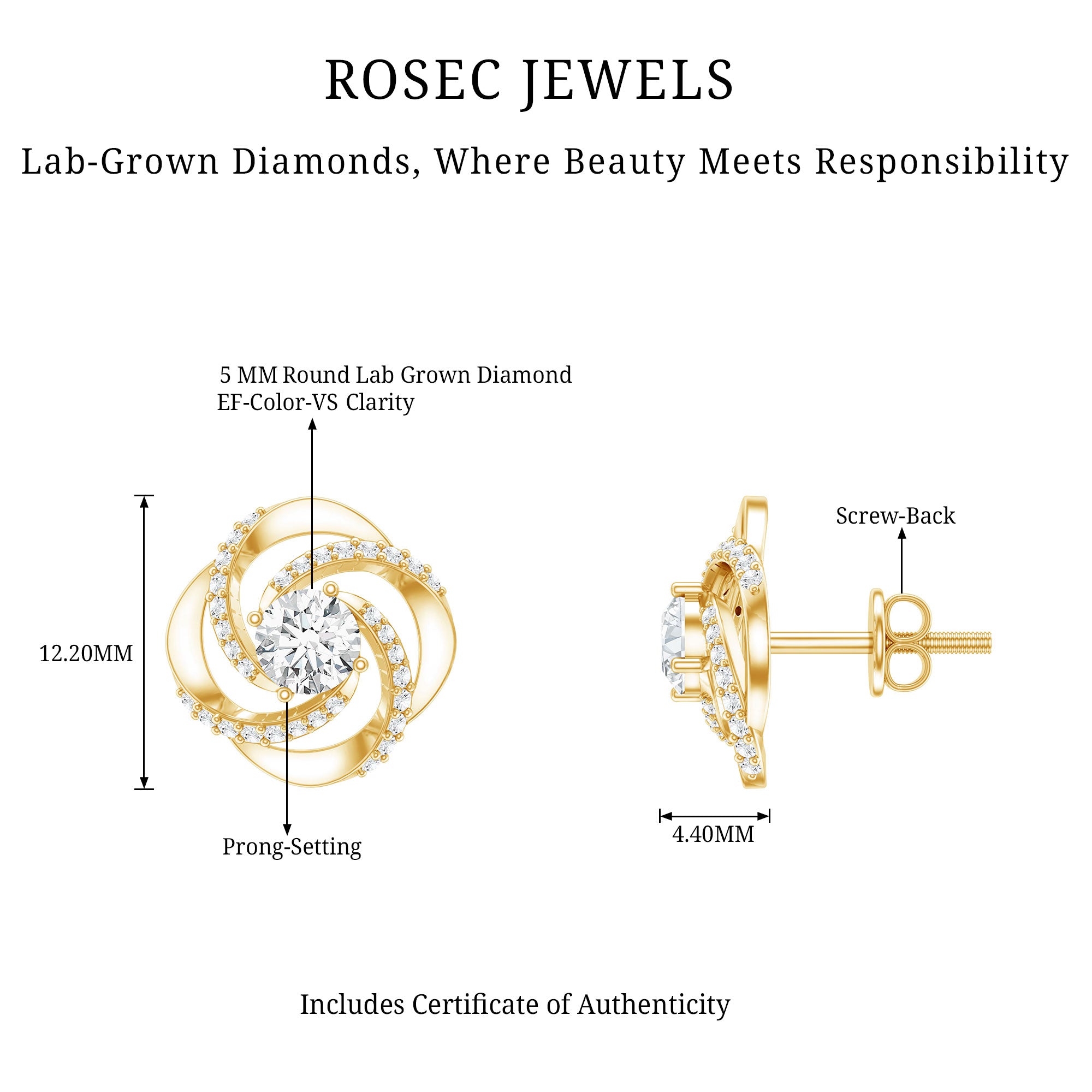 Certified Lab 5 MM Round Diamond Swirl Stud Earrings Lab - ( EF-VS ) - Rosec Jewels