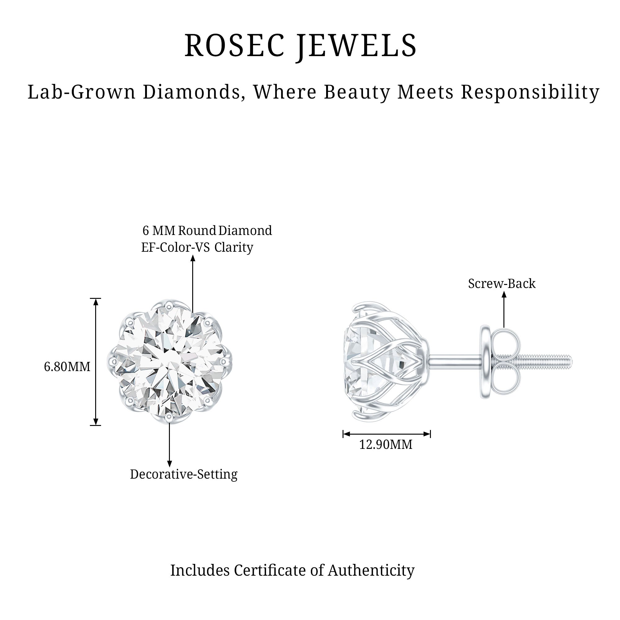 Certified 6 MM Lab Grown Diamond Solitaire Stud Earrings Lab - ( EF-VS ) - Rosec Jewels