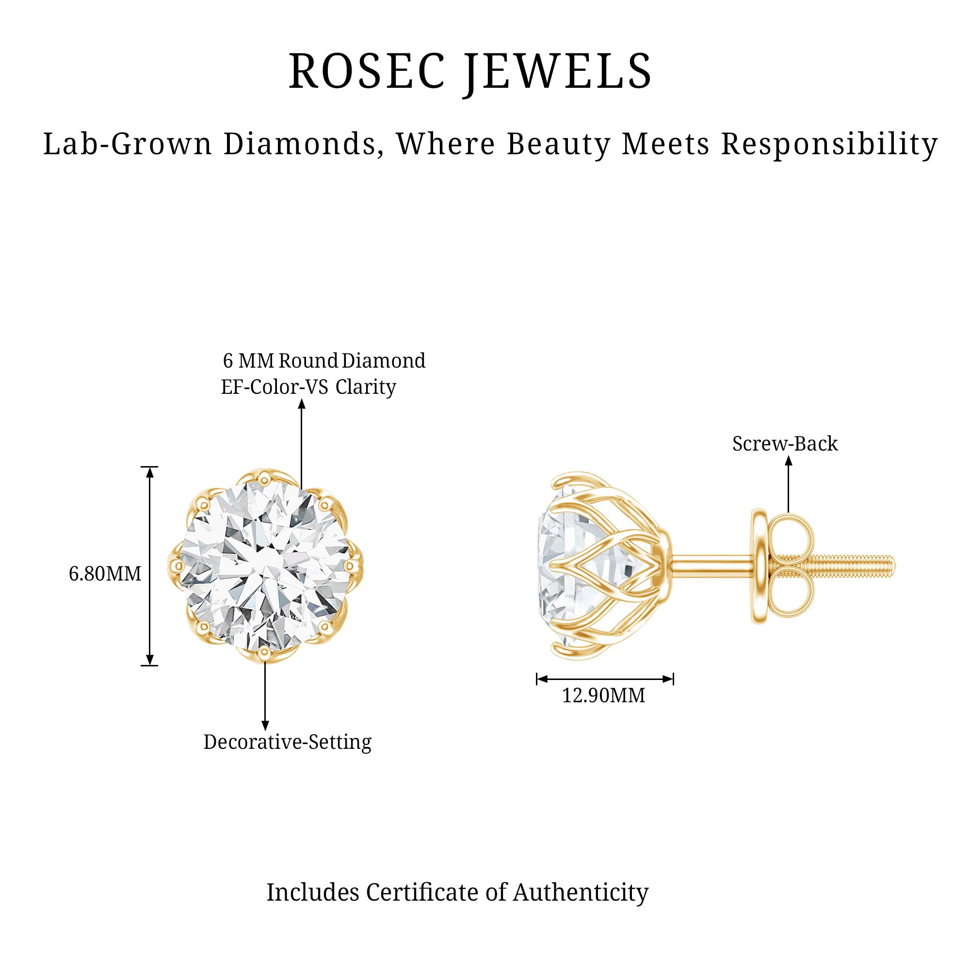 Certified 6 MM Lab Grown Diamond Solitaire Stud Earrings Lab - ( EF-VS ) - Rosec Jewels