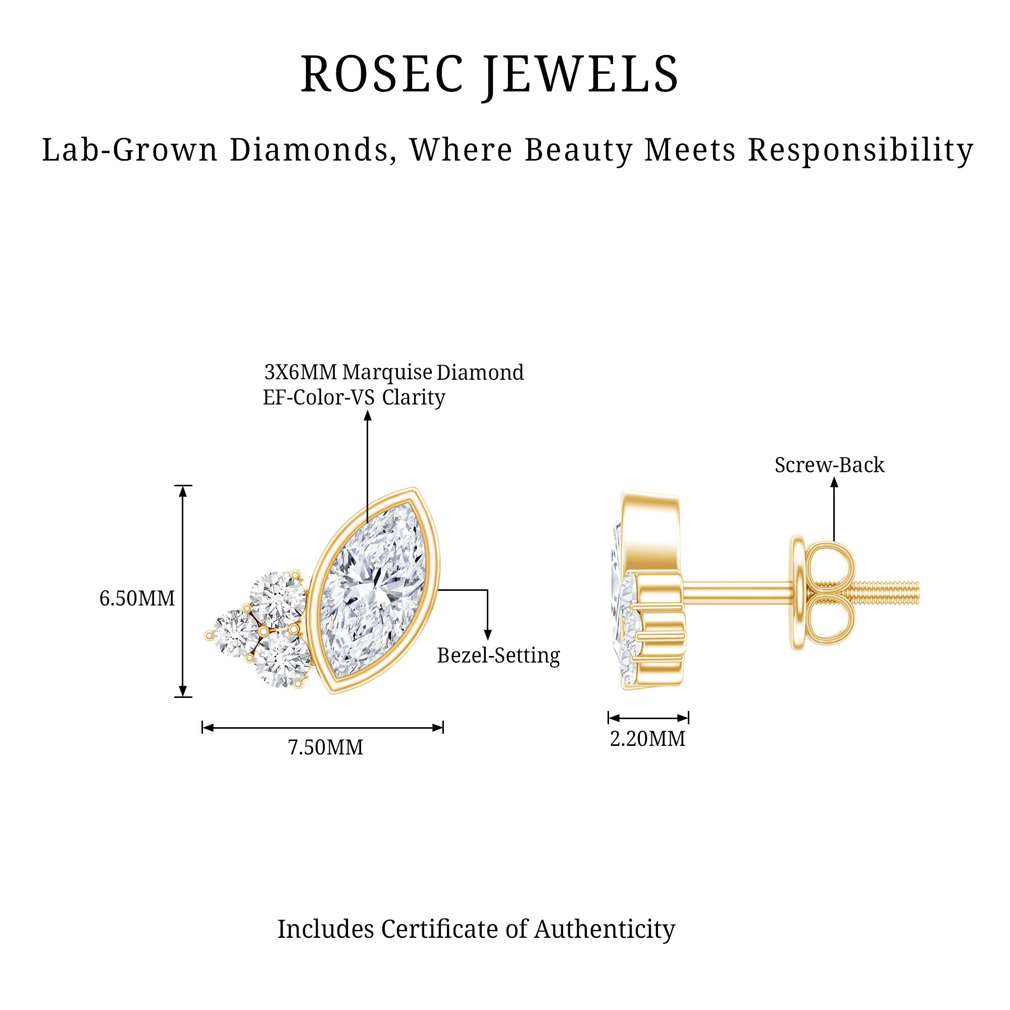 Bezel Set Lab Marquise Diamond Stud Earrings Lab - ( EF-VS ) - Rosec Jewels
