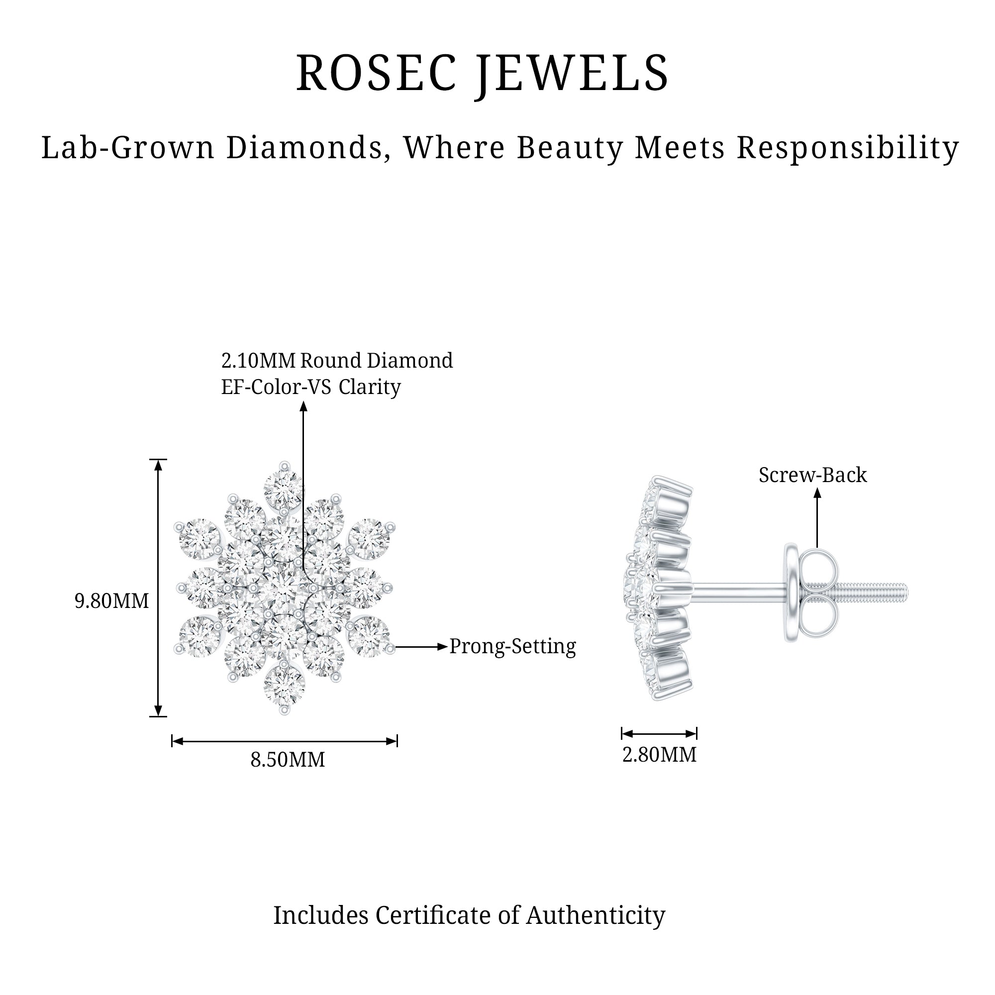 Certified Lab Grown Diamond Flower Statement Earrings Lab - ( EF-VS ) - Rosec Jewels