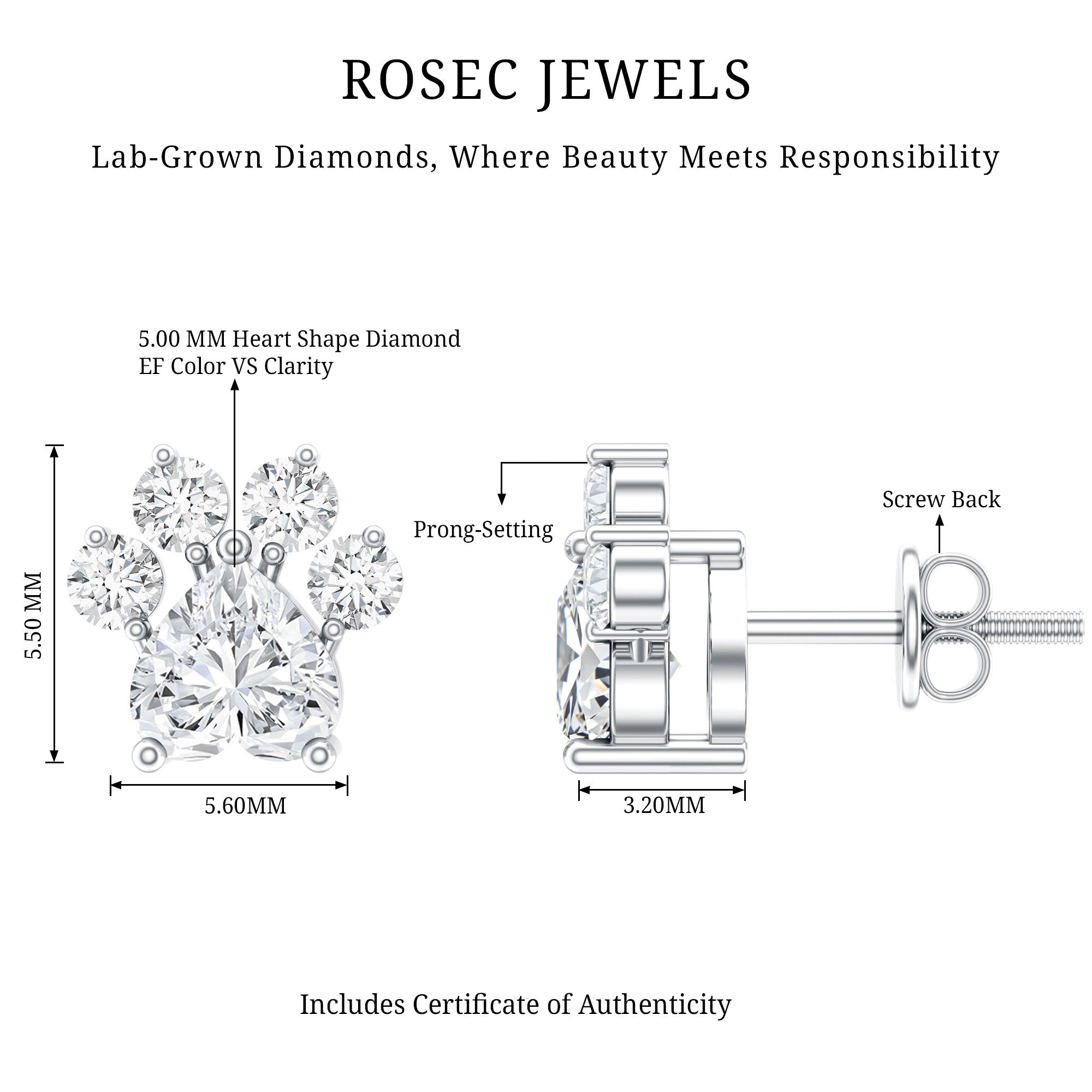Certified Lab Grown Diamond Dog Paw Stud Earrings Lab - ( EF-VS ) - Rosec Jewels