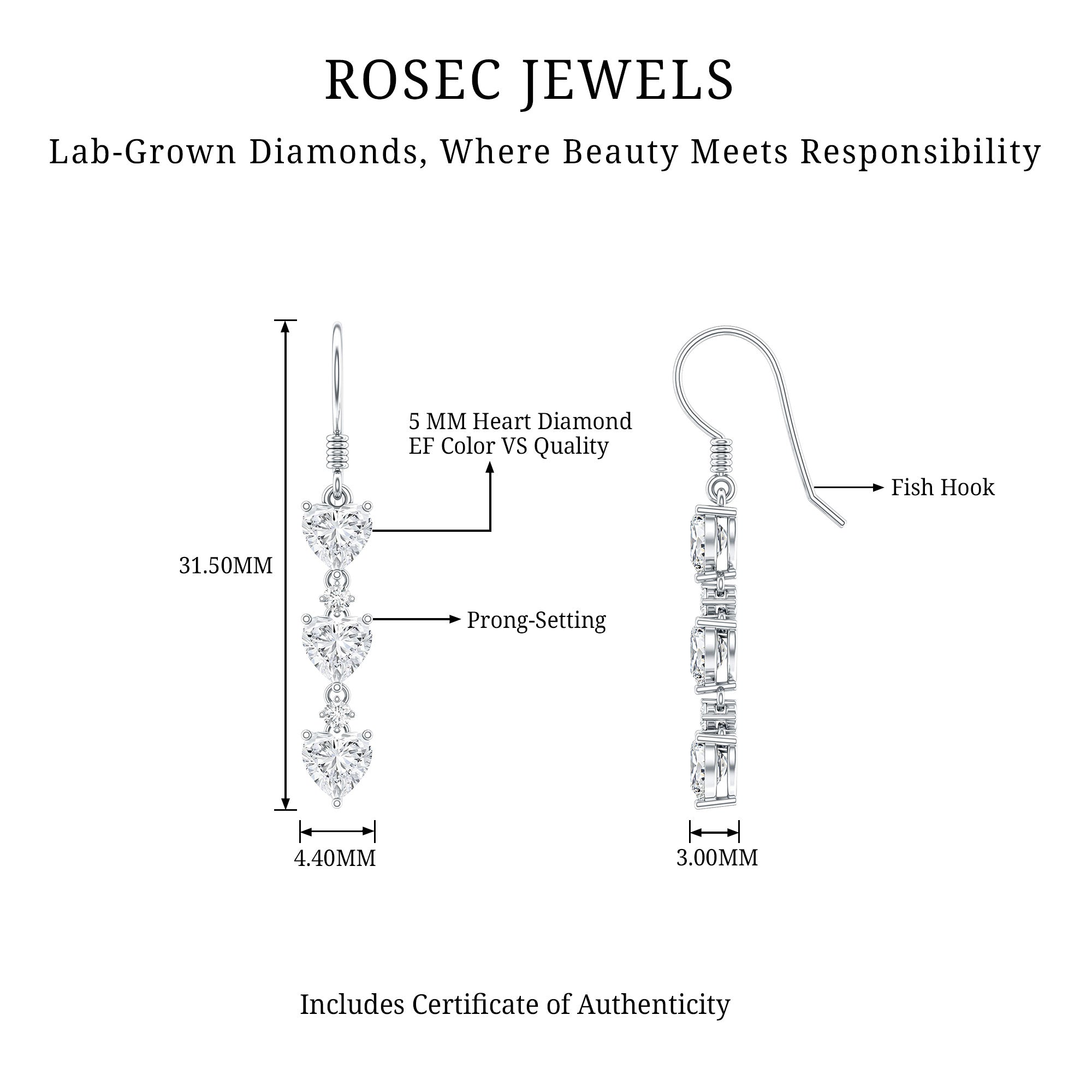 Certified Lab Heart Shaped Diamond Fish Hook Dangle Earrings Lab - ( EF-VS ) - Rosec Jewels