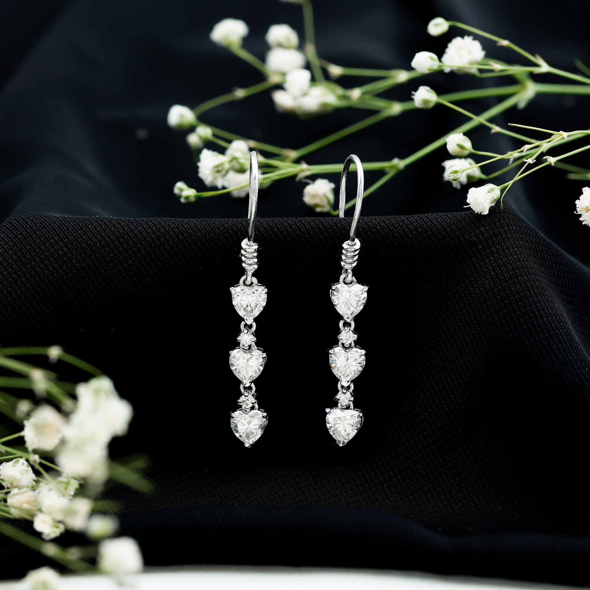 Certified Lab Heart Shaped Diamond Fish Hook Dangle Earrings Lab - ( EF-VS ) - Rosec Jewels
