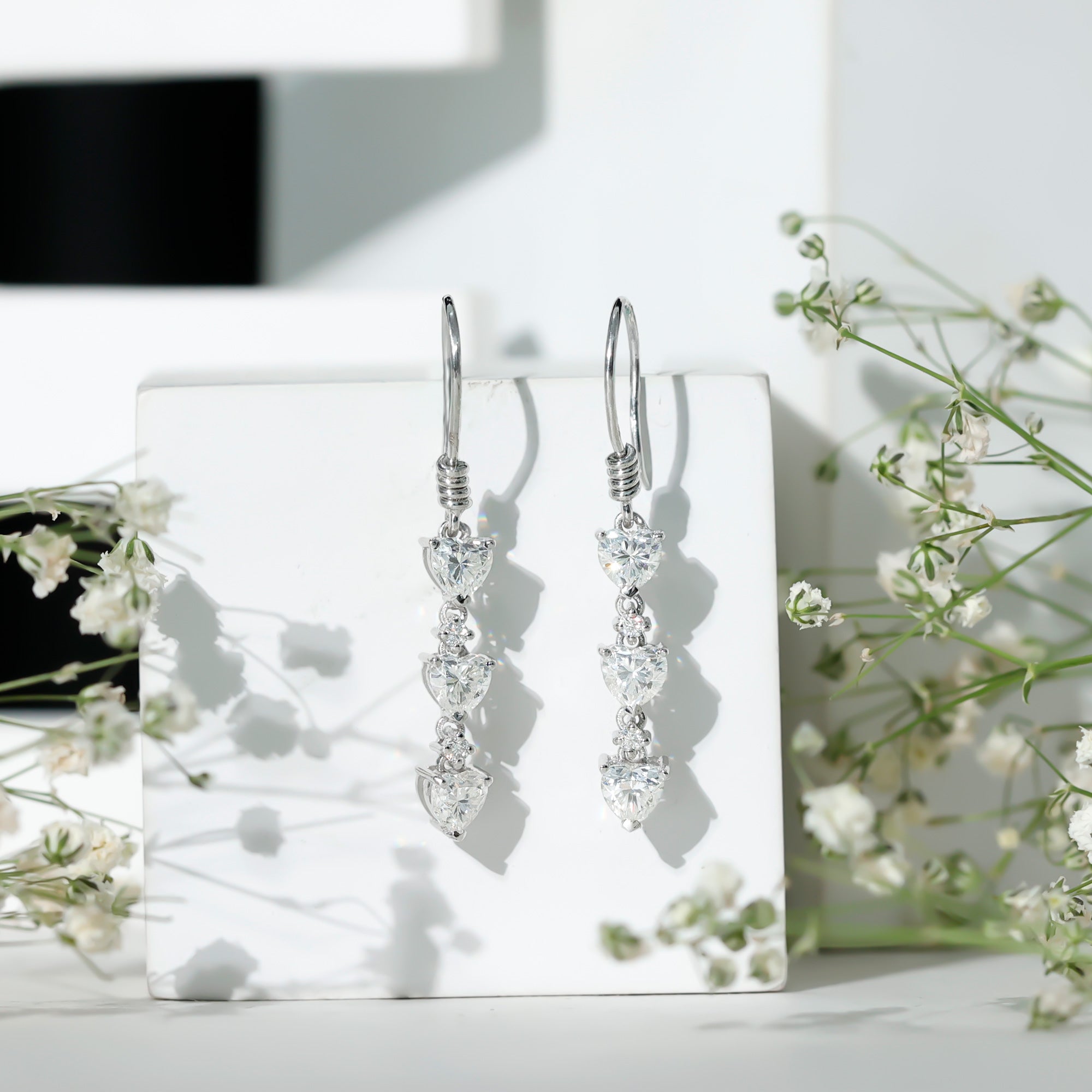 Certified Lab Heart Shaped Diamond Fish Hook Dangle Earrings Lab - ( EF-VS ) - Rosec Jewels