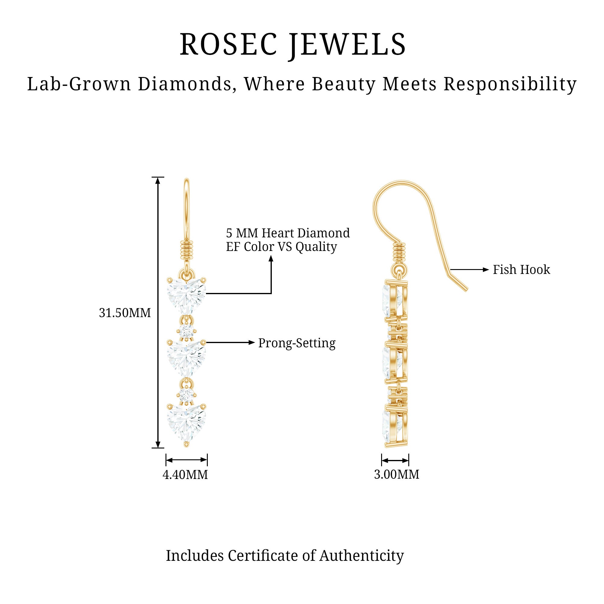 Certified Lab Heart Shaped Diamond Fish Hook Dangle Earrings Lab - ( EF-VS ) - Rosec Jewels