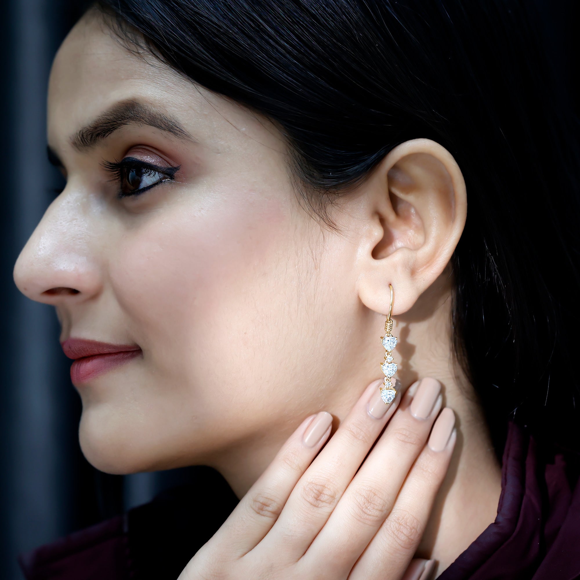 Certified Lab Heart Shaped Diamond Fish Hook Dangle Earrings Lab - ( EF-VS ) - Rosec Jewels