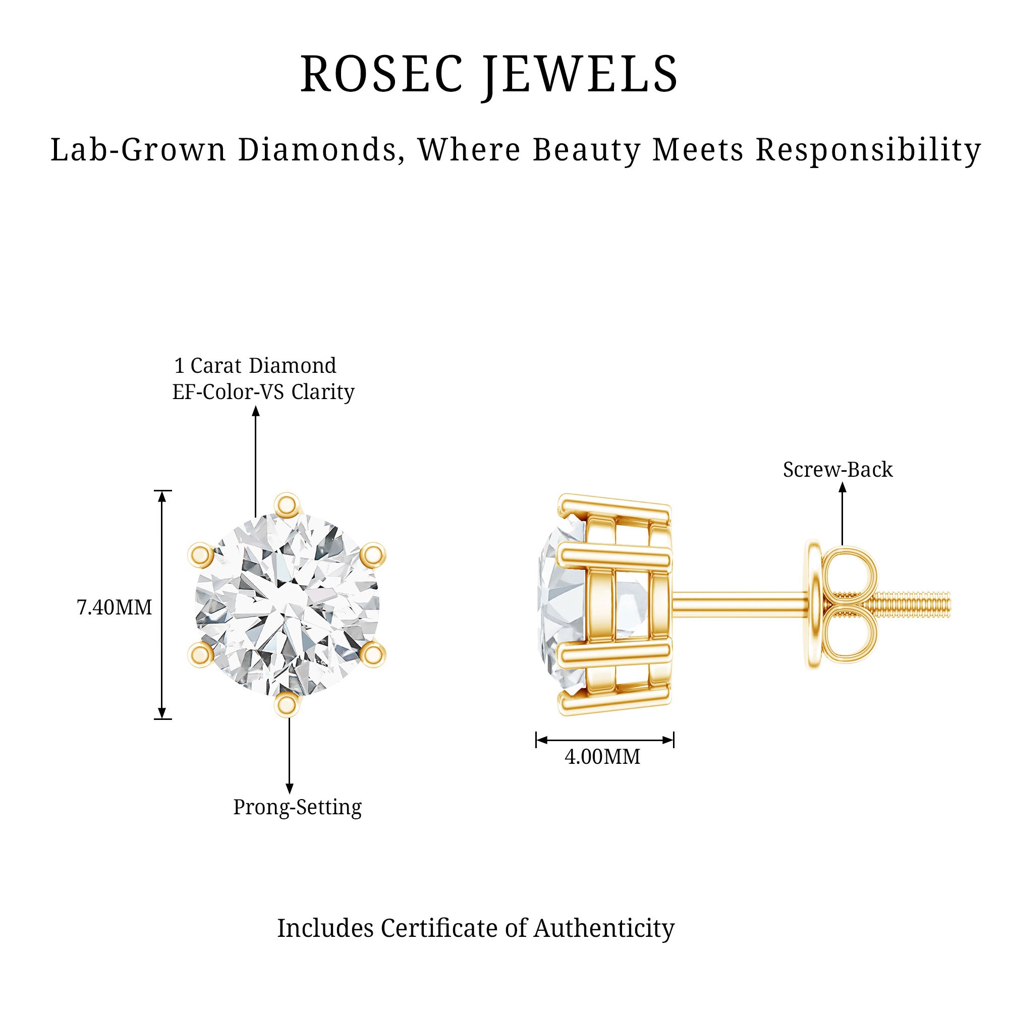 IGI Certified 2 Carat Lab Grown Diamond Solitaire Stud Earrings Lab - ( E-VS1 ) - Rosec Jewels