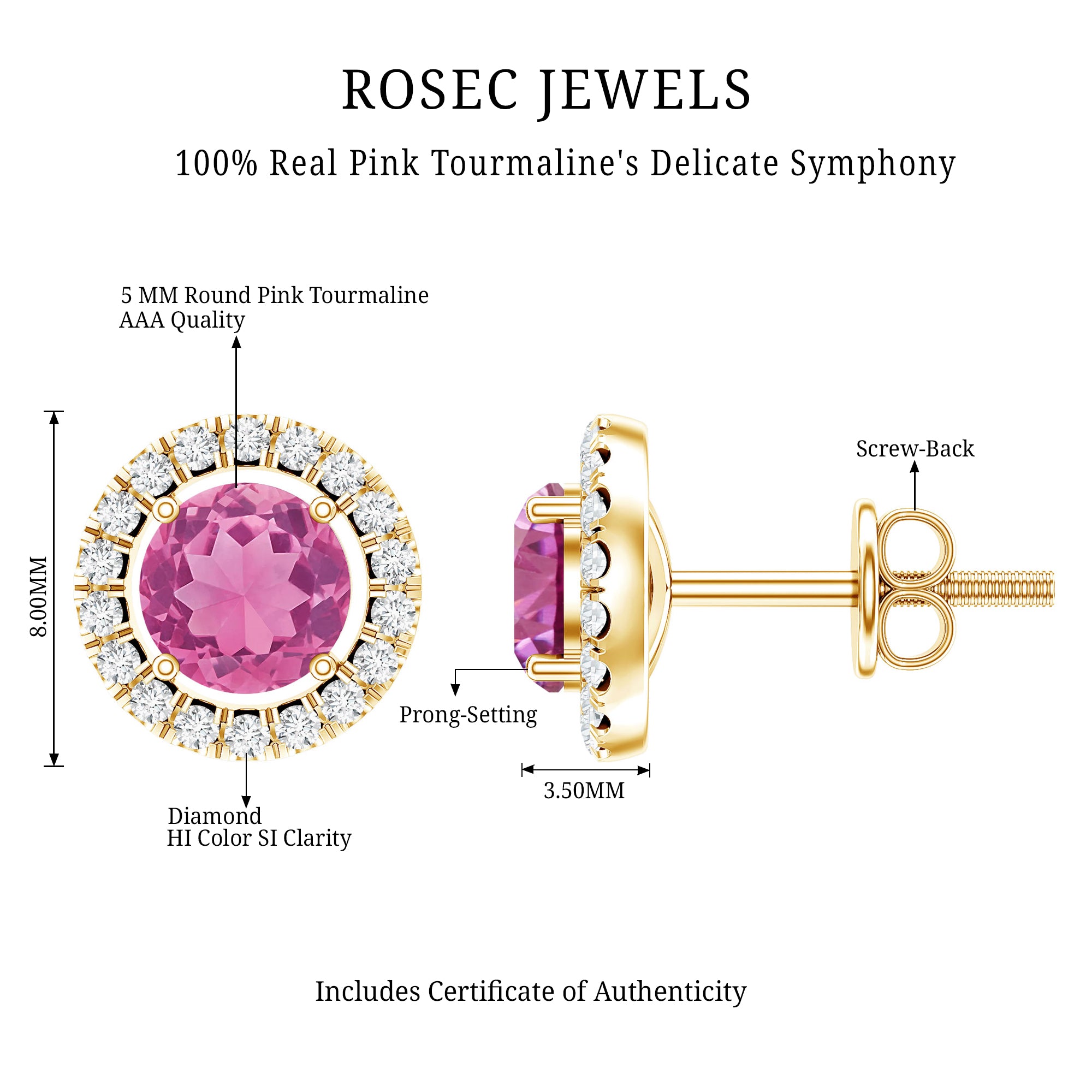Natural Pink Tourmaline and Diamond Halo Stud Earrings AAA - Rosec Jewels