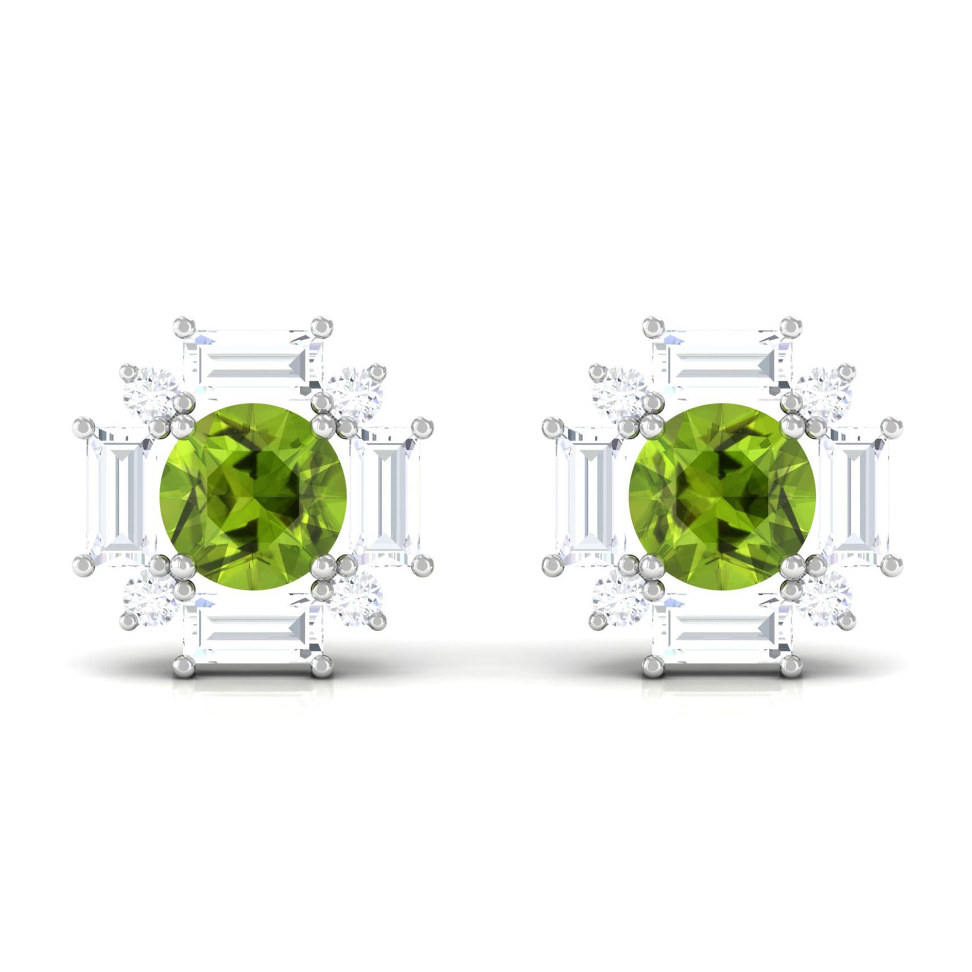 Contemporary Peridot Stud Earrings with Diamond Halo Peridot - ( AAA ) - Quality - Rosec Jewels