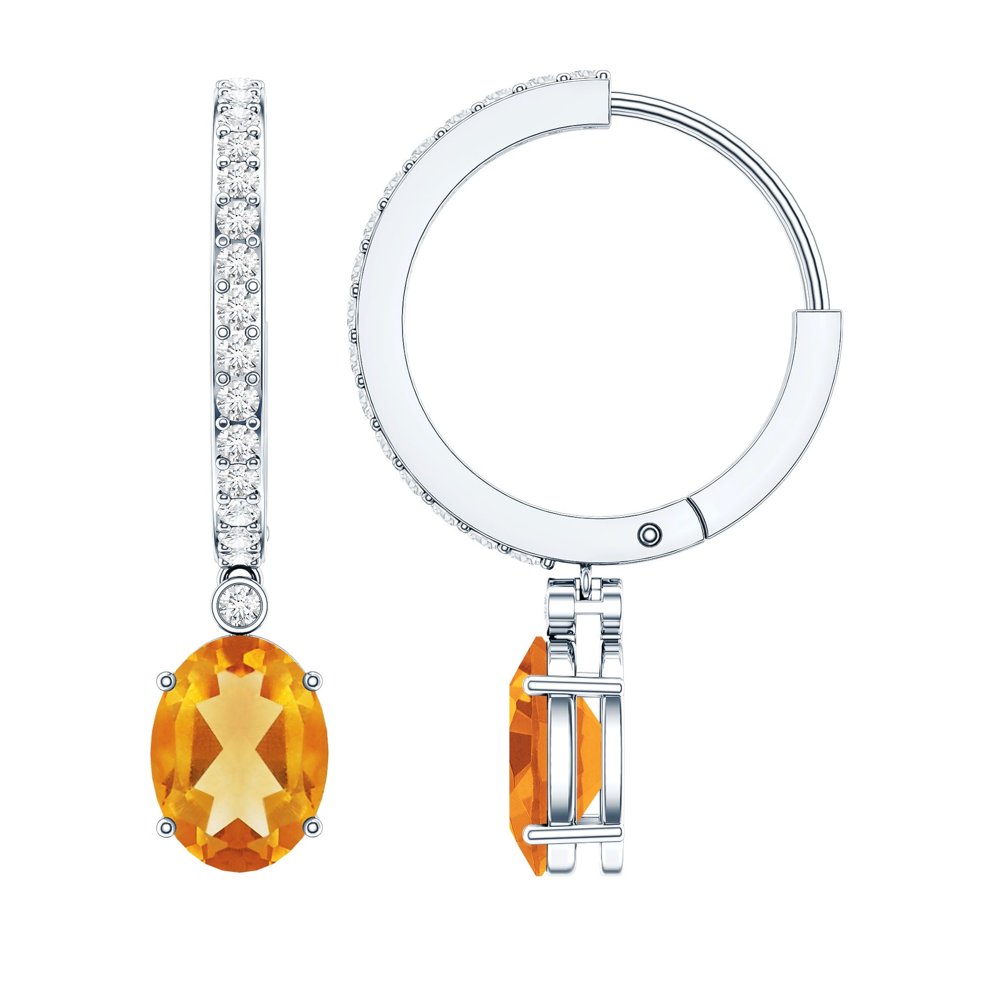 Oval Shape Citrine Hoop Drop Earrings with Diamond AAA - Rosec Jewels