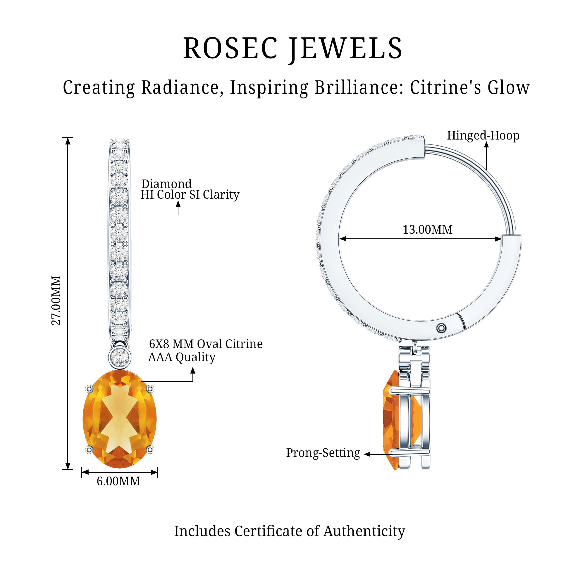 Oval Shape Citrine Hoop Drop Earrings with Diamond AAA - Rosec Jewels