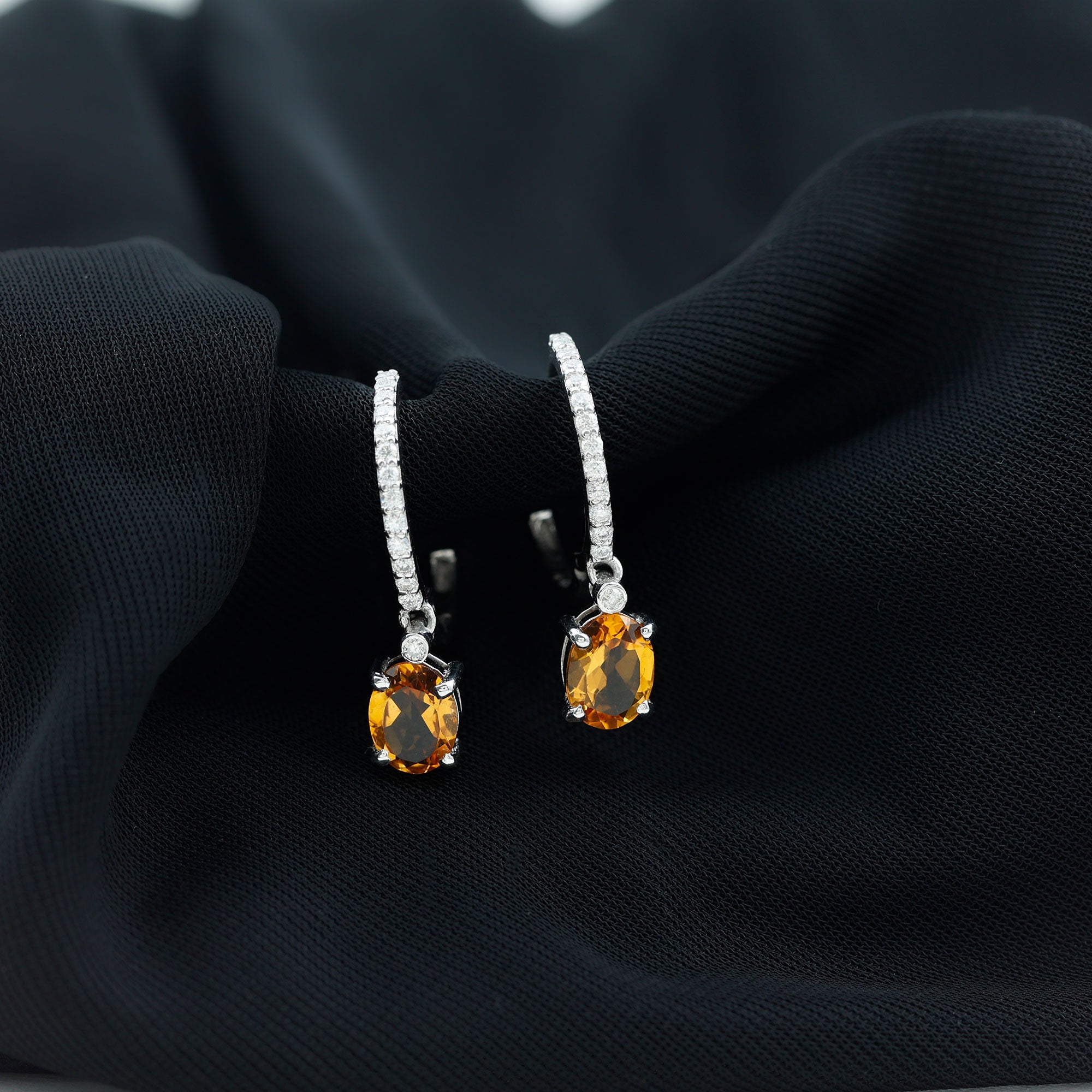 Oval Shape Citrine Hoop Drop Earrings with Diamond AAA - Rosec Jewels