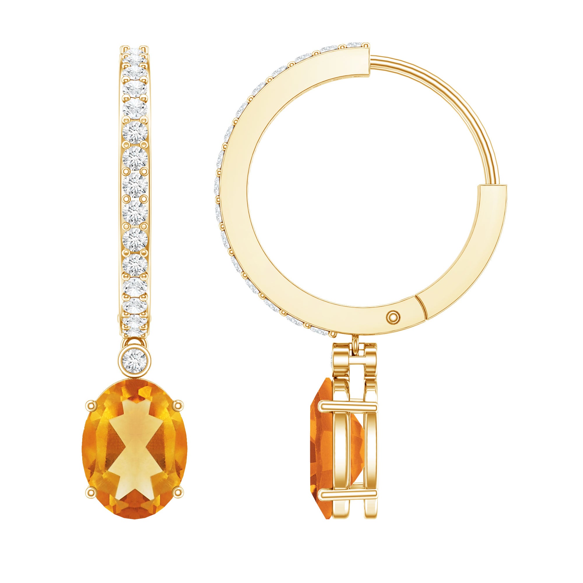 Oval Shape Citrine Hoop Drop Earrings with Diamond AAA - Rosec Jewels