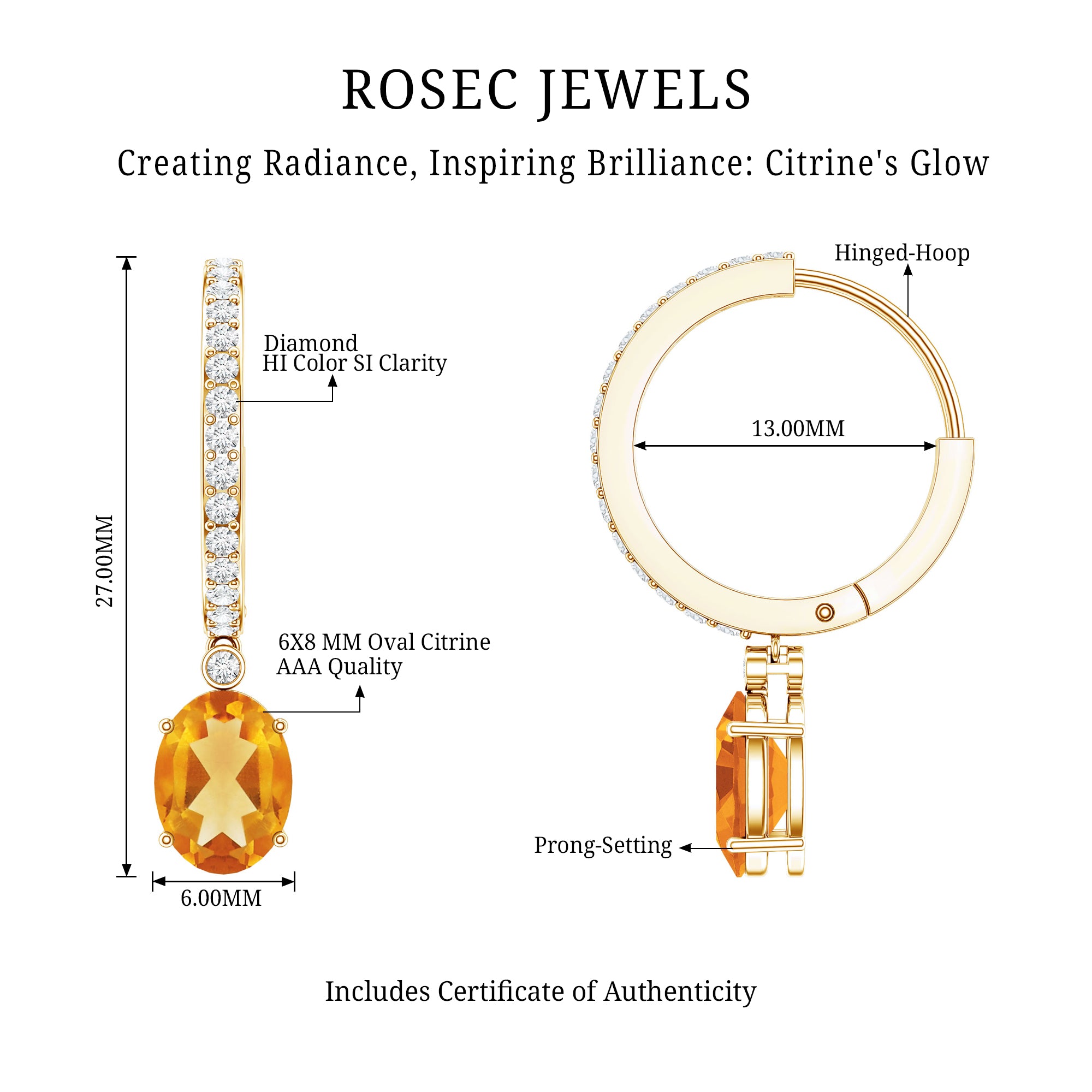 Oval Shape Citrine Hoop Drop Earrings with Diamond AAA - Rosec Jewels