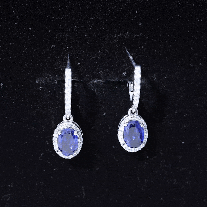 Lab Grown Blue Sapphire Hoop Drop Earrings with Moissanite Halo AAAA - Rosec Jewels