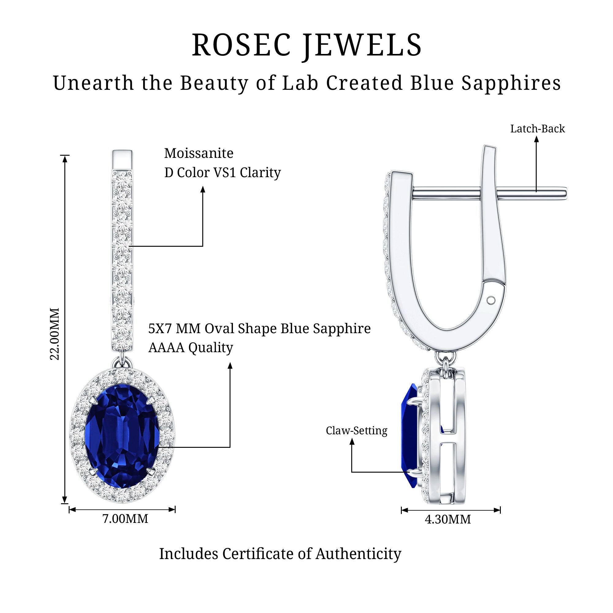 Lab Grown Blue Sapphire Hoop Drop Earrings with Moissanite Halo AAAA - Rosec Jewels