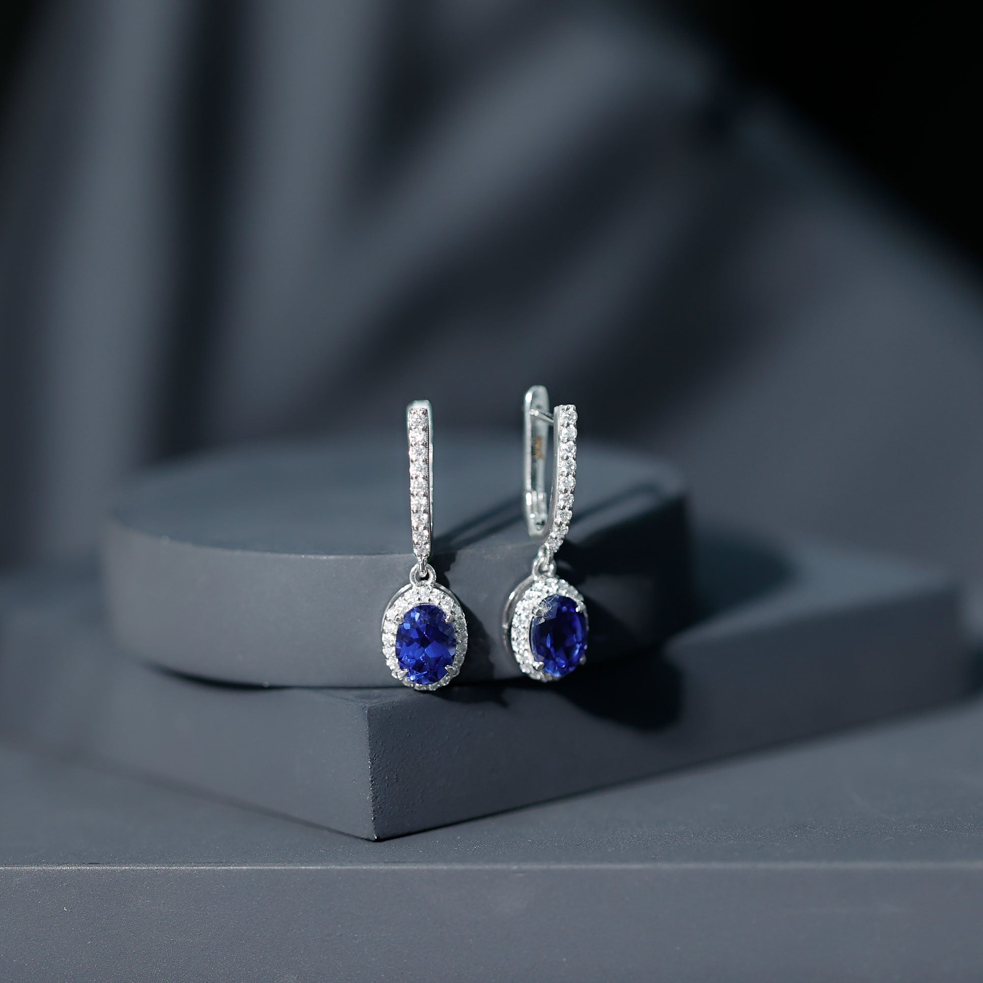 Lab Grown Blue Sapphire Hoop Drop Earrings with Moissanite Halo AAAA - Rosec Jewels